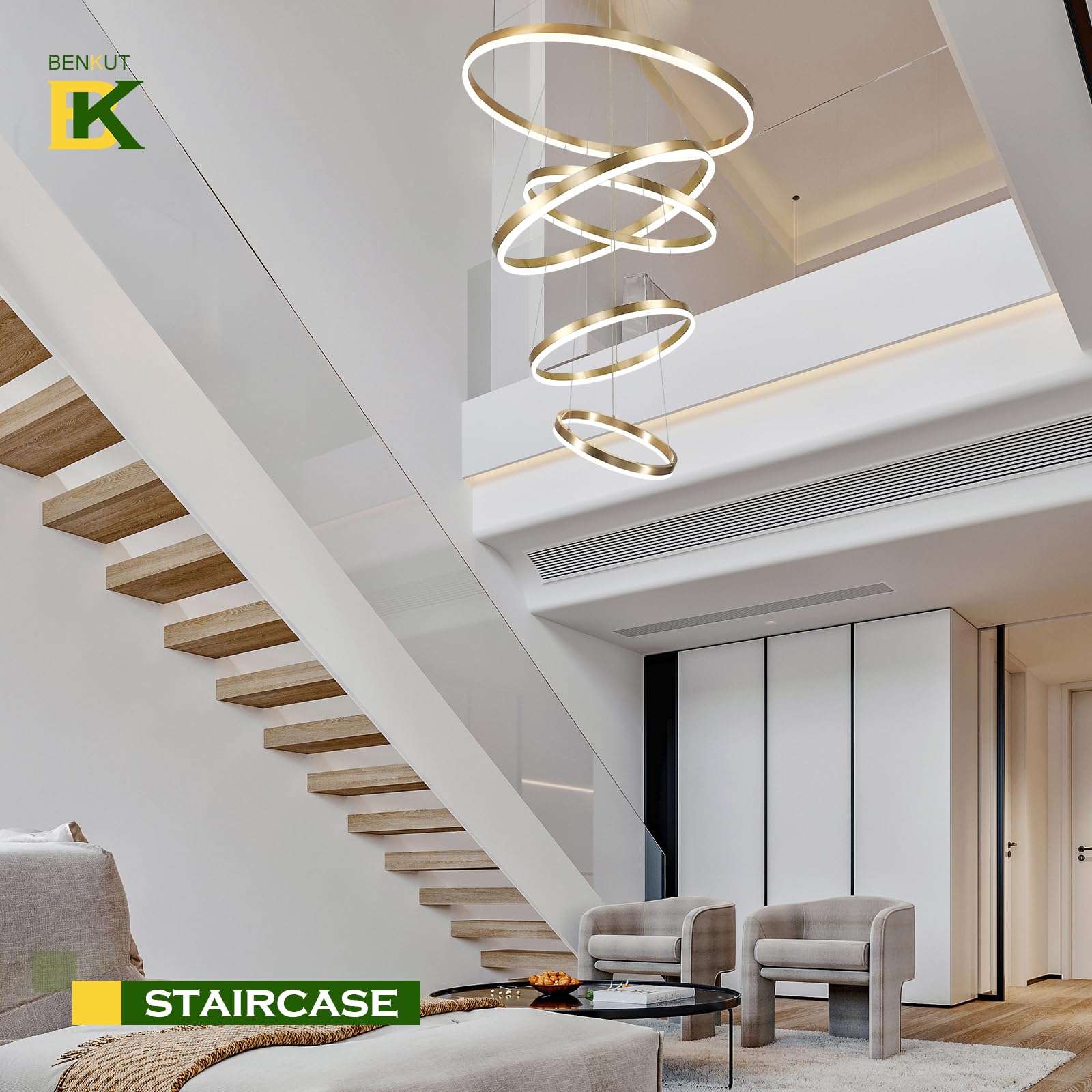 Benkut 5-Rings LED Chandelier, Gold, Dimmable, Remote Control, Modern Design, 3000K-6500K, Model P60S-5GDC1