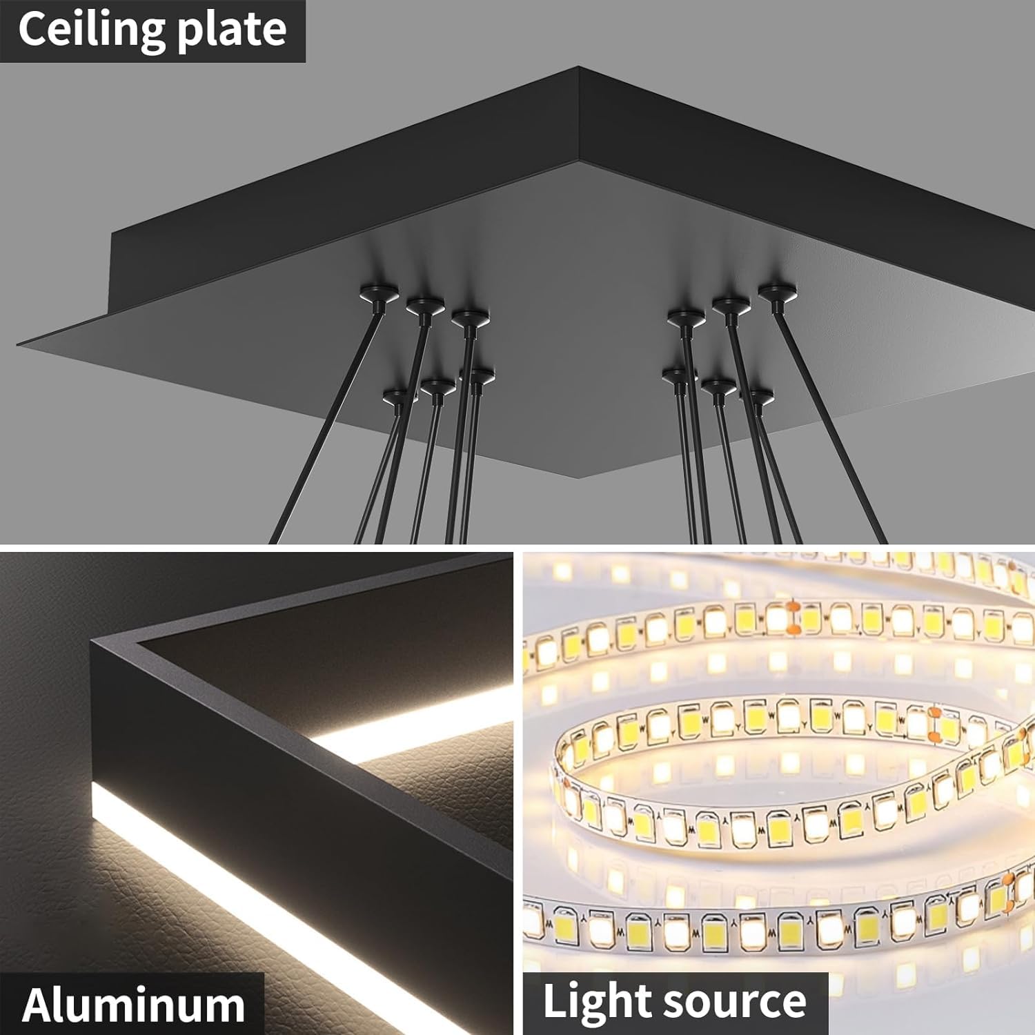 Matven Modern Ceiling Chandelier, Dimmable 3 Color Modes, 15.7+23.6in Black Acrylic Pendant Light Fixture for Kitchen