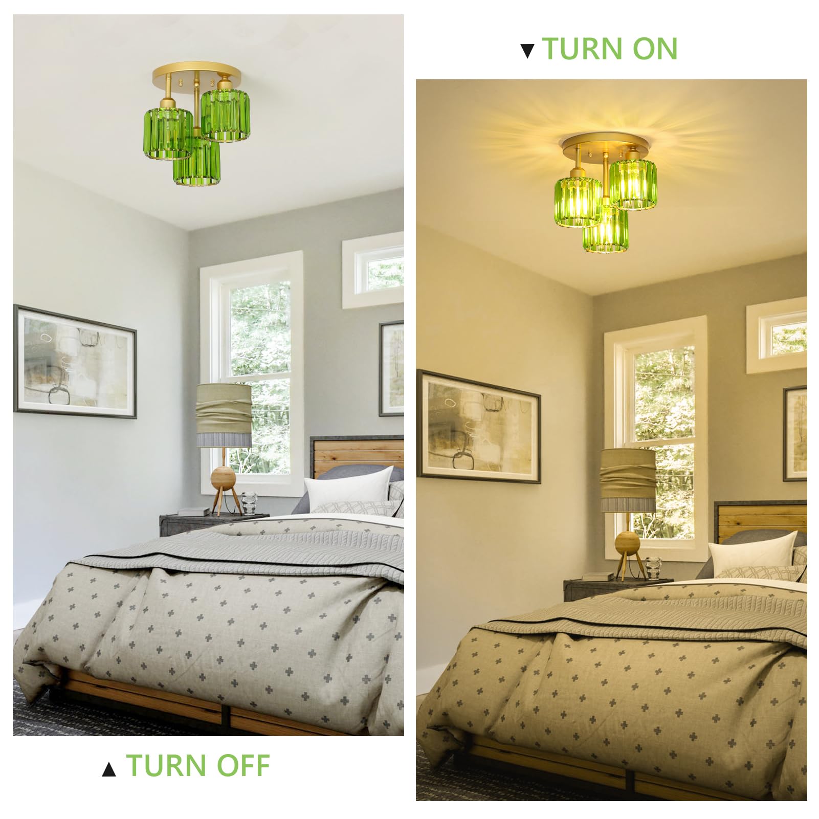 PAUFUL 3-Light Semi Flush Mount Ceiling Light, Green Crystal Shades, Model 250617A1