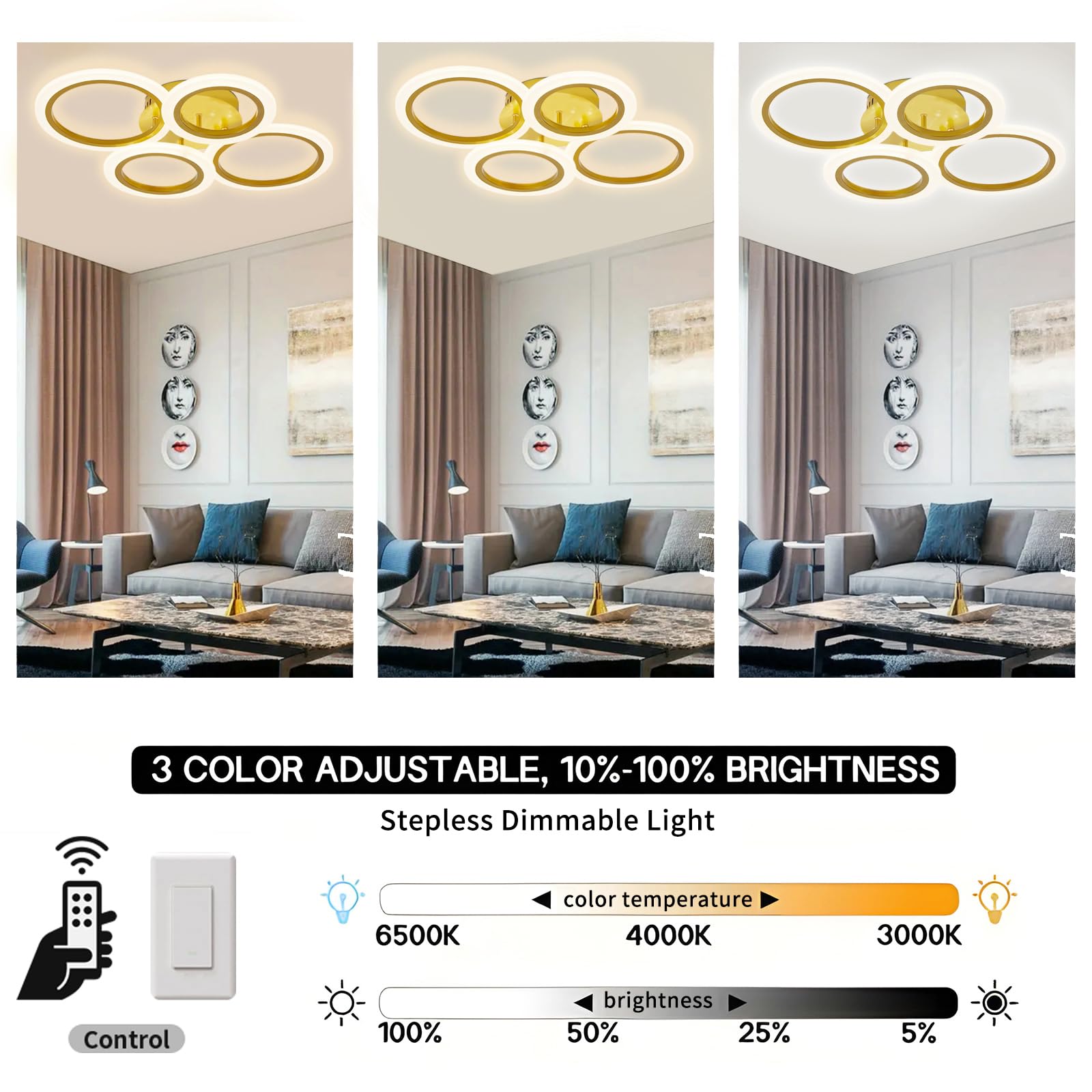 Modern Flush Mount Ceiling Light With Remote, 3000K-6000K Adjustable Color Temperature, Dimmable Led Ceiling Lamp 4-Ring Round C