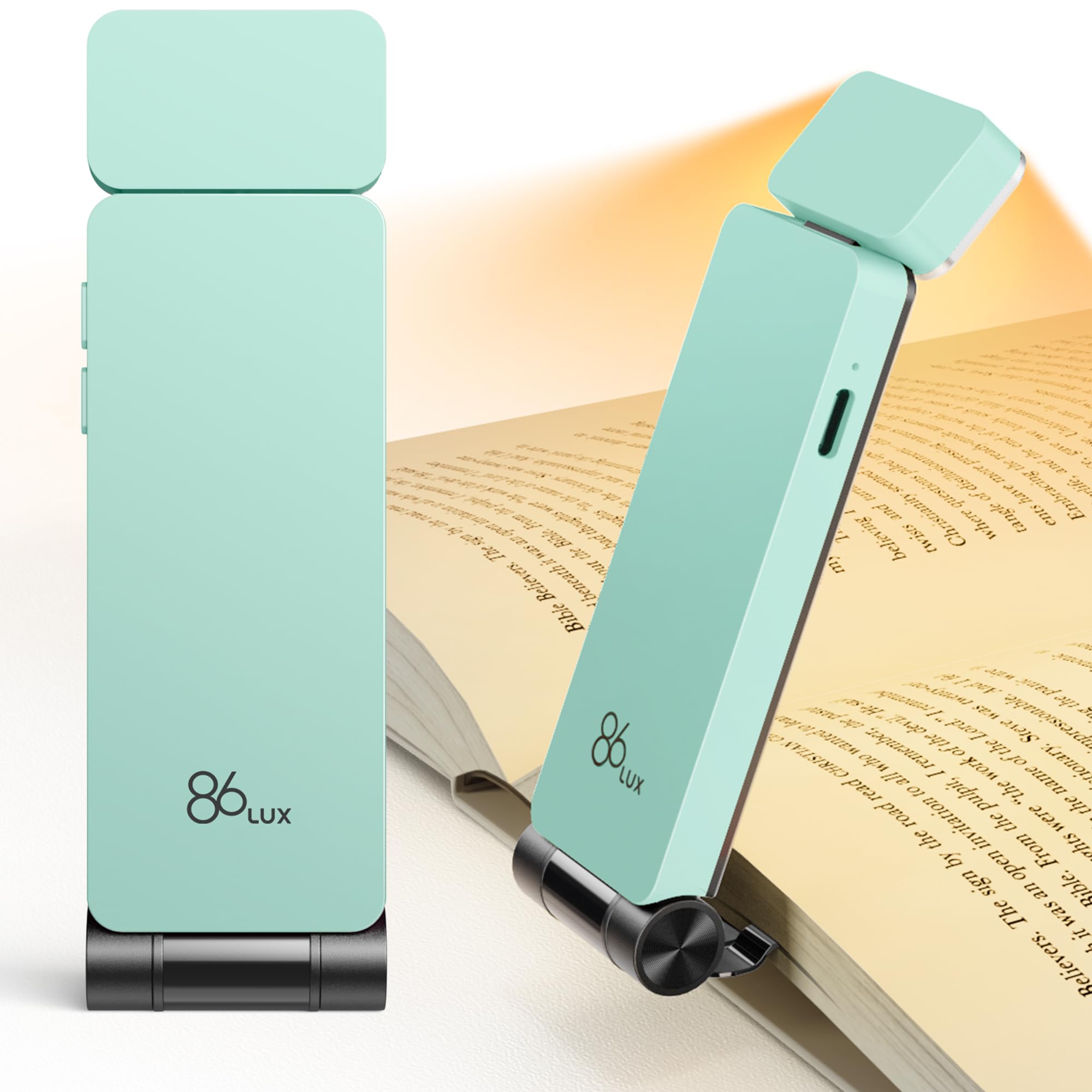 86lux Book Light, Rechargeable Reading Lights for Books in Bed, Ultralight Clip-on LED Bookmark Lamp with 3 Amber Colors & Stepless Dimming for Night Reading for Book Lovers, Kids, Light Blue
