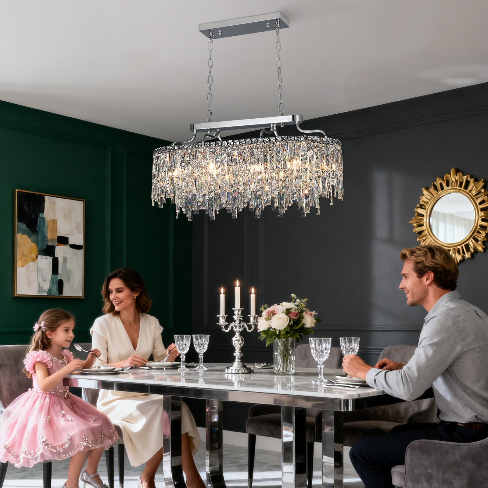 Nisidun 10 Light Crystal Chandelier | Chrome Oval-Shaped Crystal Chandeliers For Dining Room Light Fixture  32 Modern Ceiling Lighting Fixture For Dining Room Kitchen Island Bar