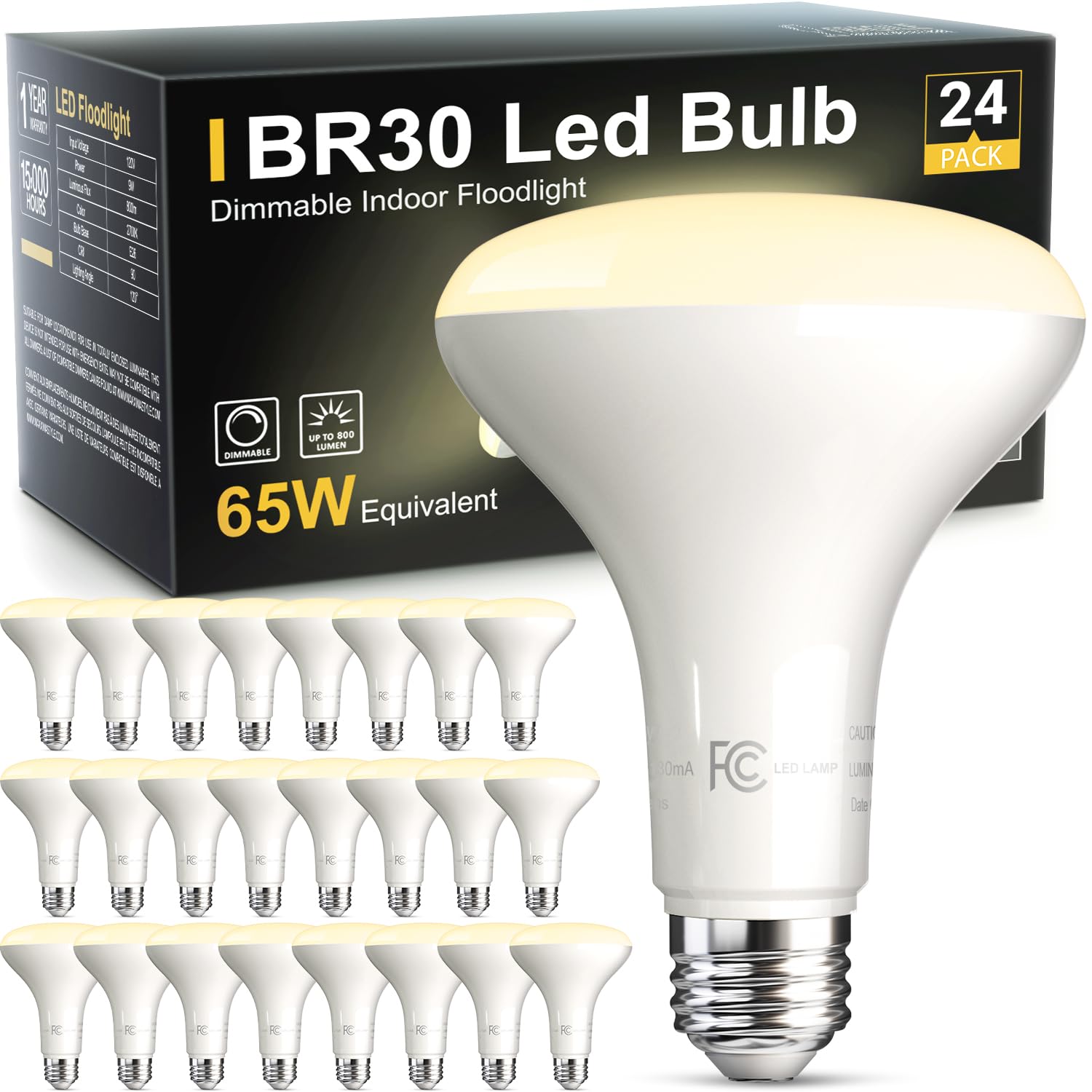 Tjoy 24 Pack Br30 Led Bulb 65W Equivalent, Dimmable Flood Light Bulbs Indoor, E26 Base, 3000K Warm White, 9W, 800 Lm, Recessed L
