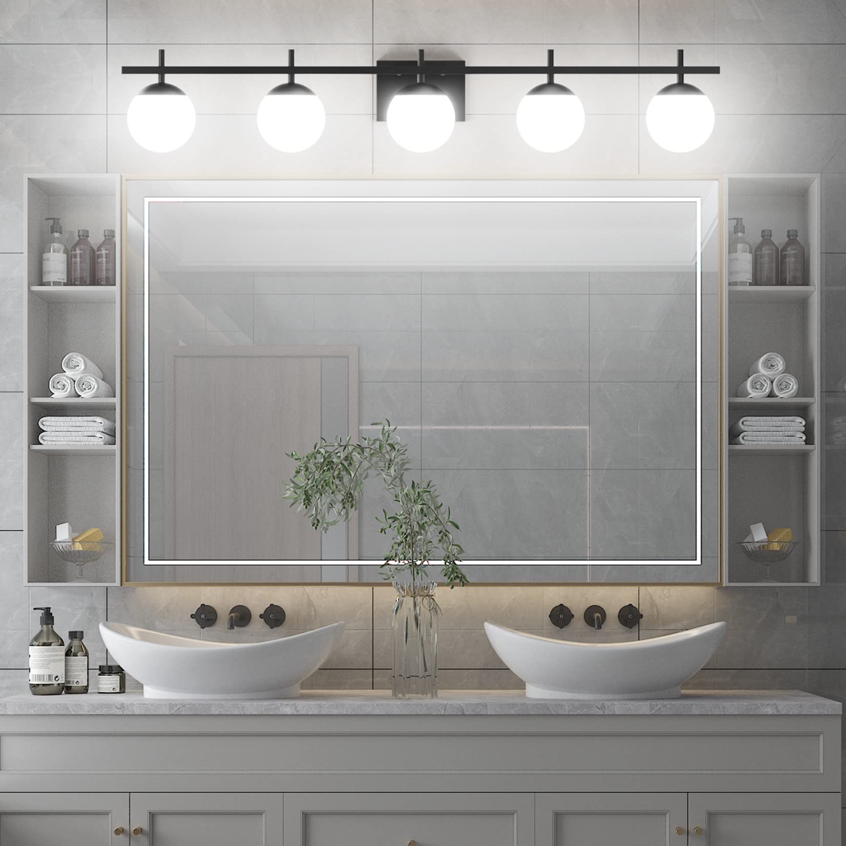 Ralbay Mid Century Modern Vanity Lights Black 5-Light Milky Glass Mid Century Black Bathroom Vanity Lights Over Mirror, Matte Bl