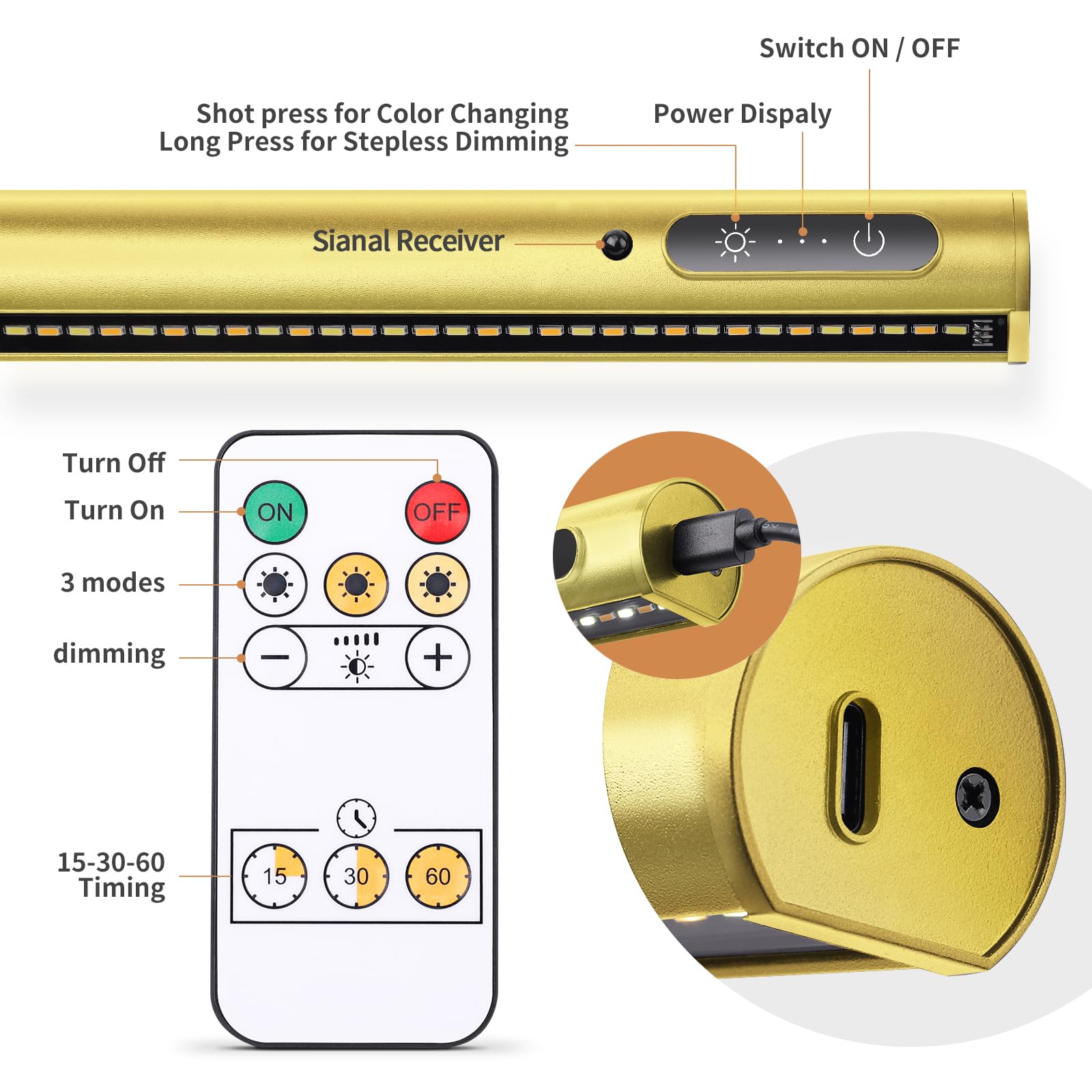 Eayoyae Battery Operated Wireless Picture Light,Rechargeable/Plugged In 31.5Inch Painting Display Light,Remote Control Wall Lights With Three Modes And Timing For Art Frame (Gold)