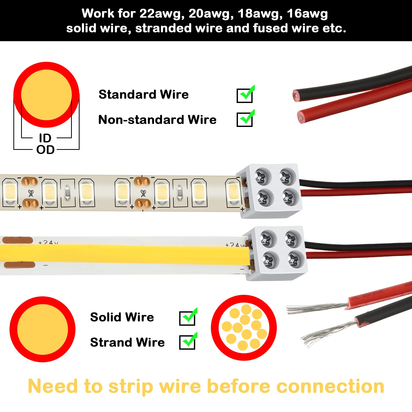 Flutesan 25 Pack Solderless Led Tape Light Connector 2 Pin Terminal Block Screw Down Led Strip Connector Tape To Wire For 5V 12V