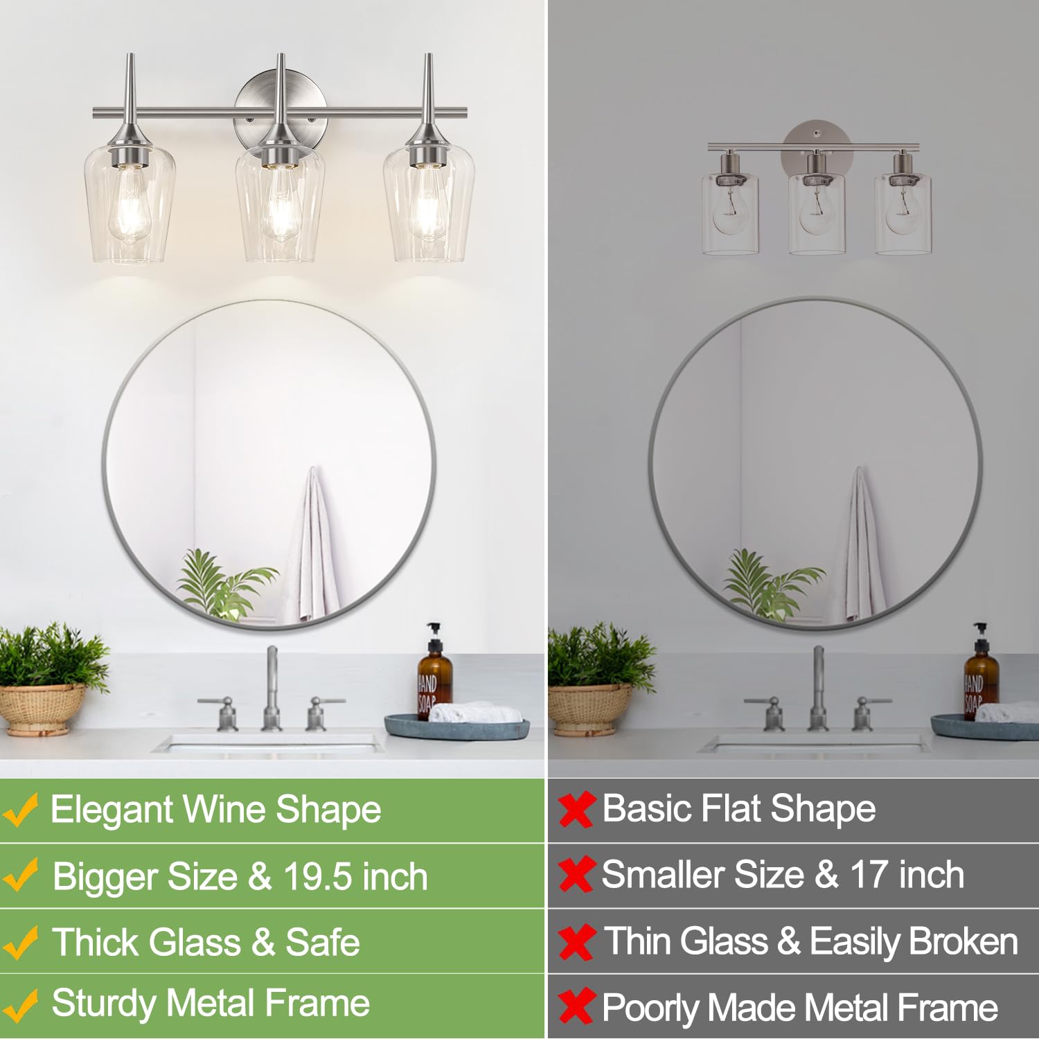 Mokatng 3-Light Bathroom Light Fixtures  19.5 In Brushed Nickle Vanity Lights For Bathroom With Clear Glass  Bathroom Lighting Fixtures Over Mirror  Modern Wall Lamp For Cabinet Hallway