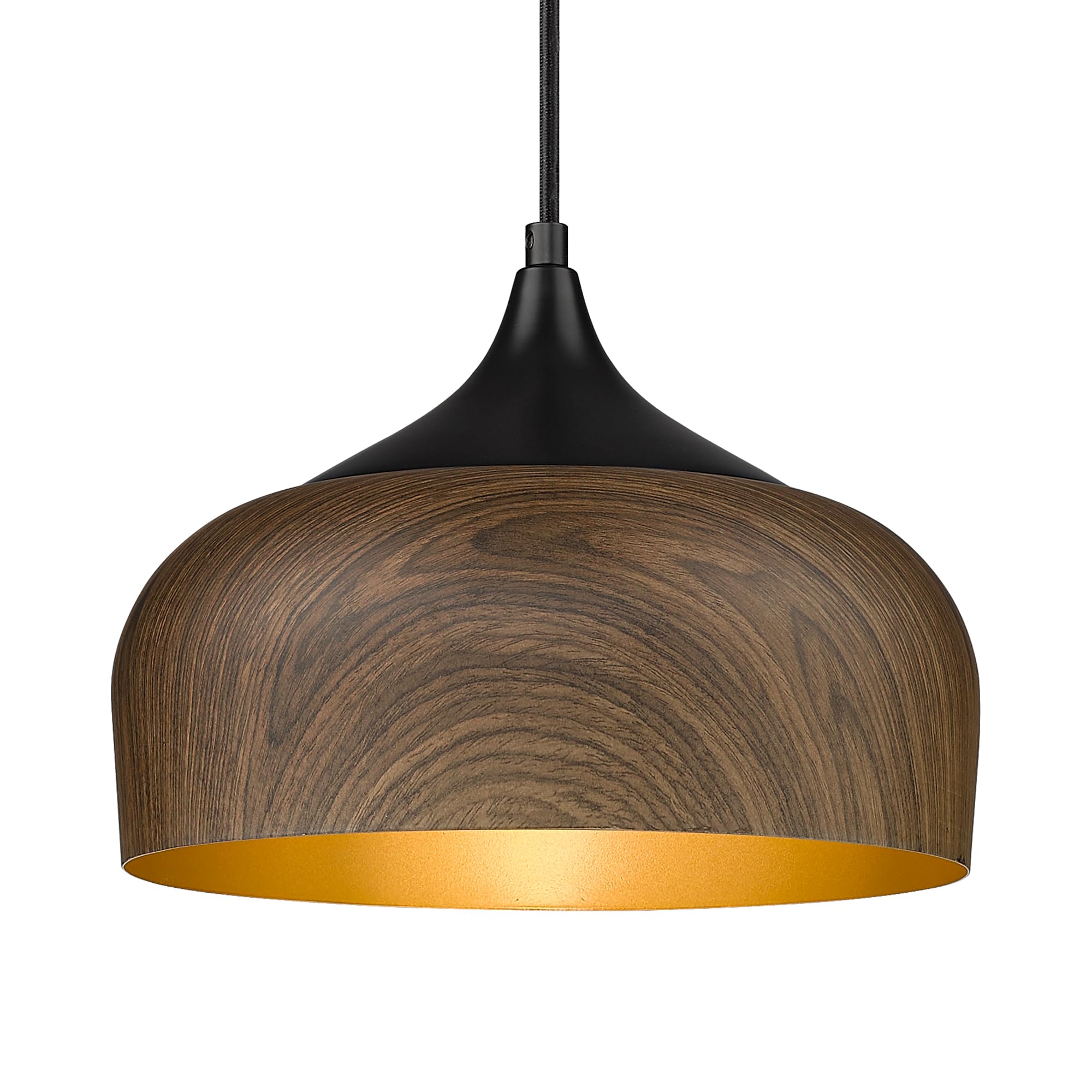 ELYONA Modern Pendant Light Walnut Wooden Pattern Dome Pendant Light Fixture Matte Black Metal Gold Inner Finish Adjustable Hang