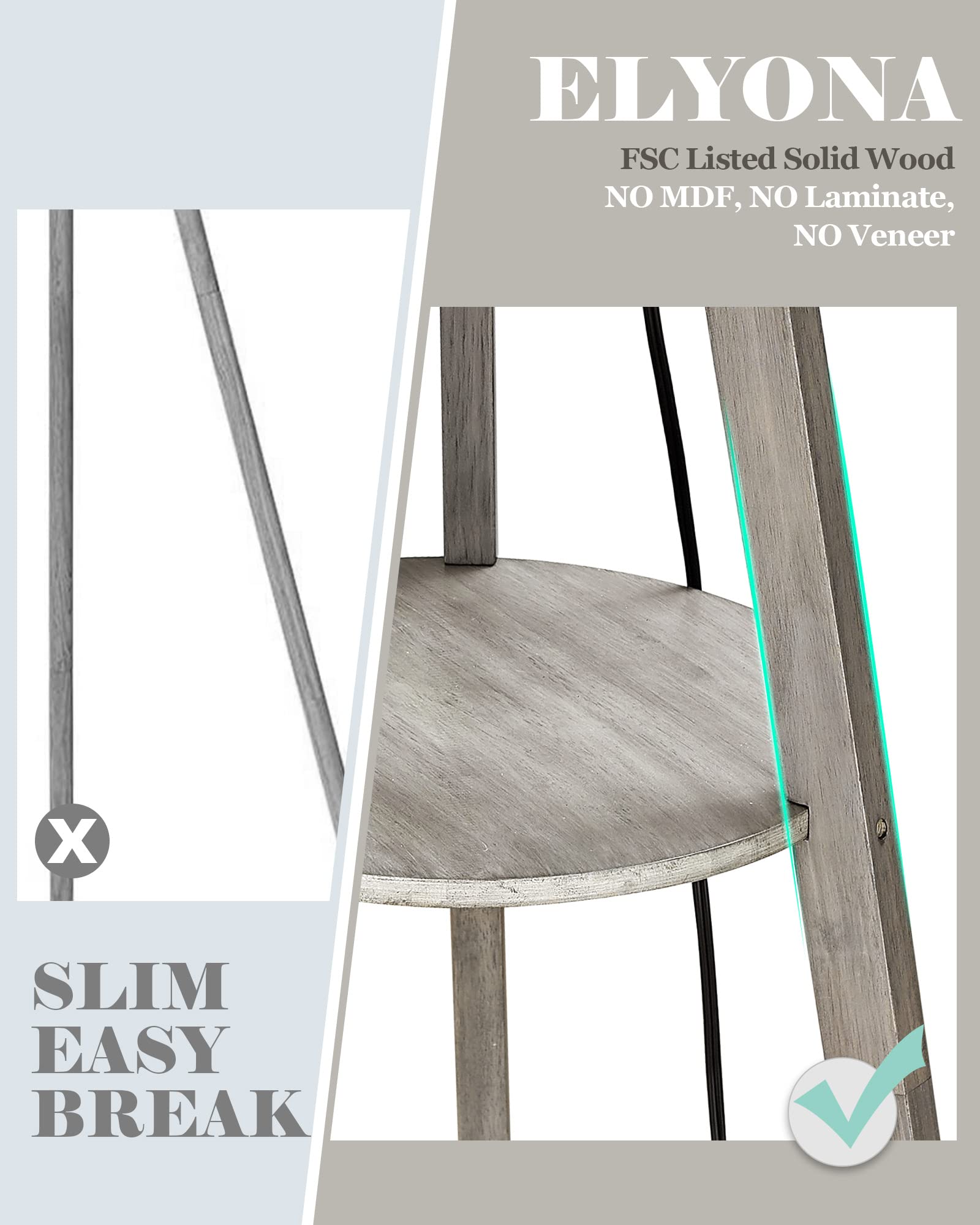 Elyona Tripod Floor Lamp With 3 Color Temperatures Led Blub, Wood Floor Lamp With Table - Farmhouse Tall Reading Standing Light
