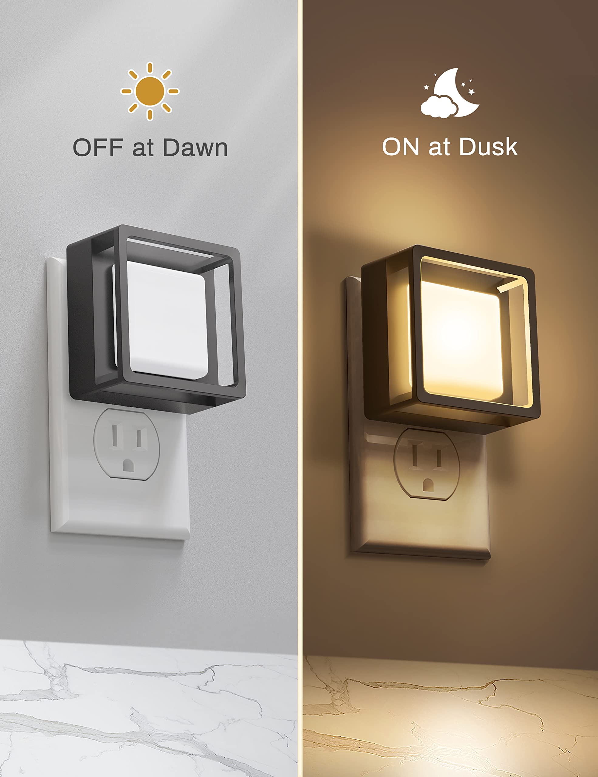 DORESshop Night Light 3000K LED Plug-in, Adjustable Brightness, 2 Pack, Soft White-Gold Cover