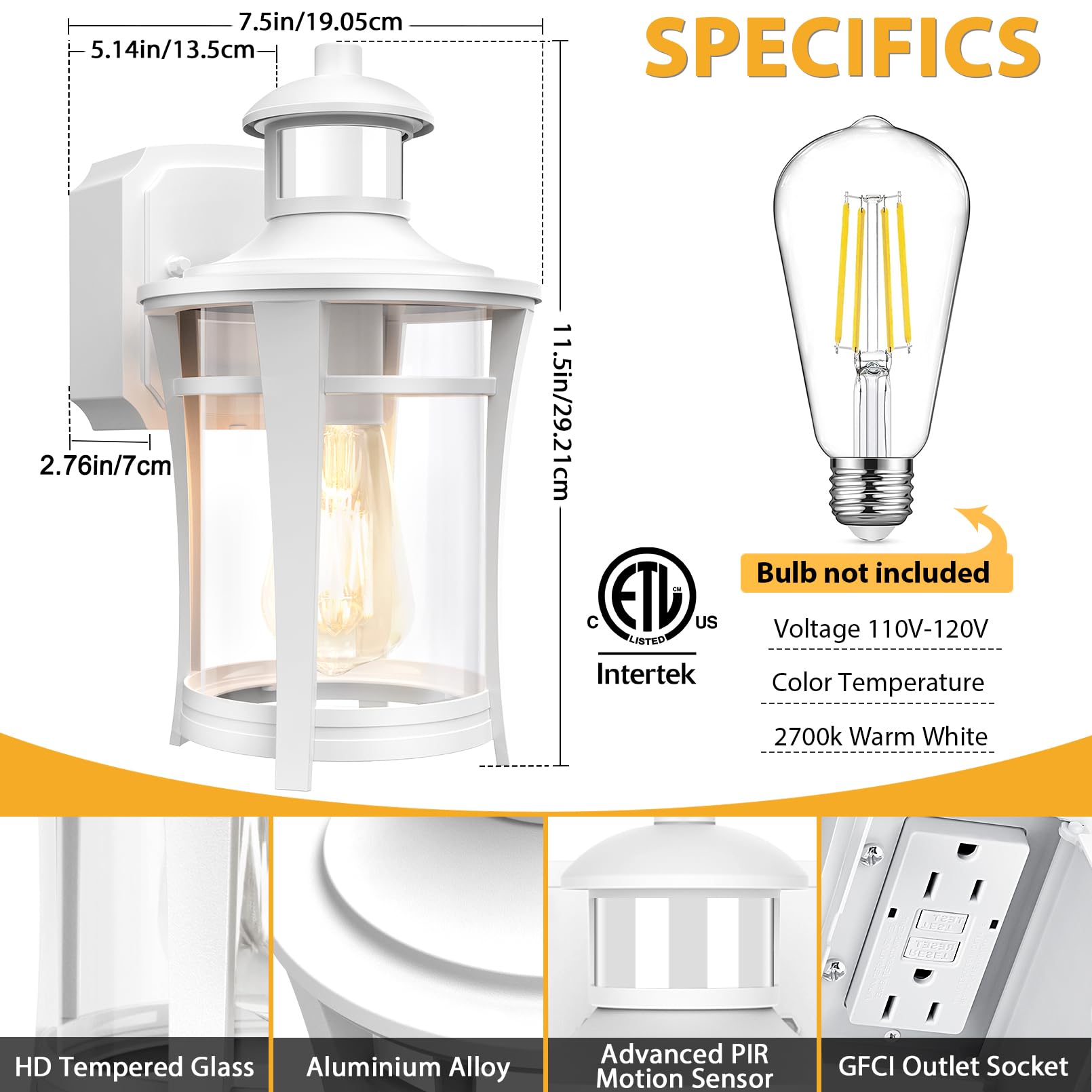 Porch Lights With Outlet,2 Pack Outdoor Motion Sensor Lights,Dusk To Dawn Exterior Light Fixture,White Anti-Rust Waterproof Outd