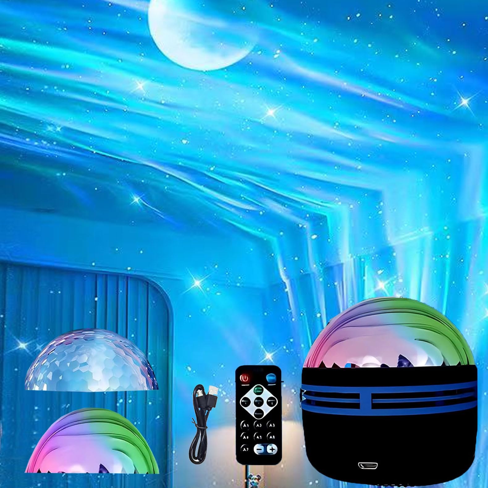2 in 1 Northern Lights and Ocean Wave Projector, Light Projector with 14 Light Effects, RGB Colorful Night Light for Bedroom Hom