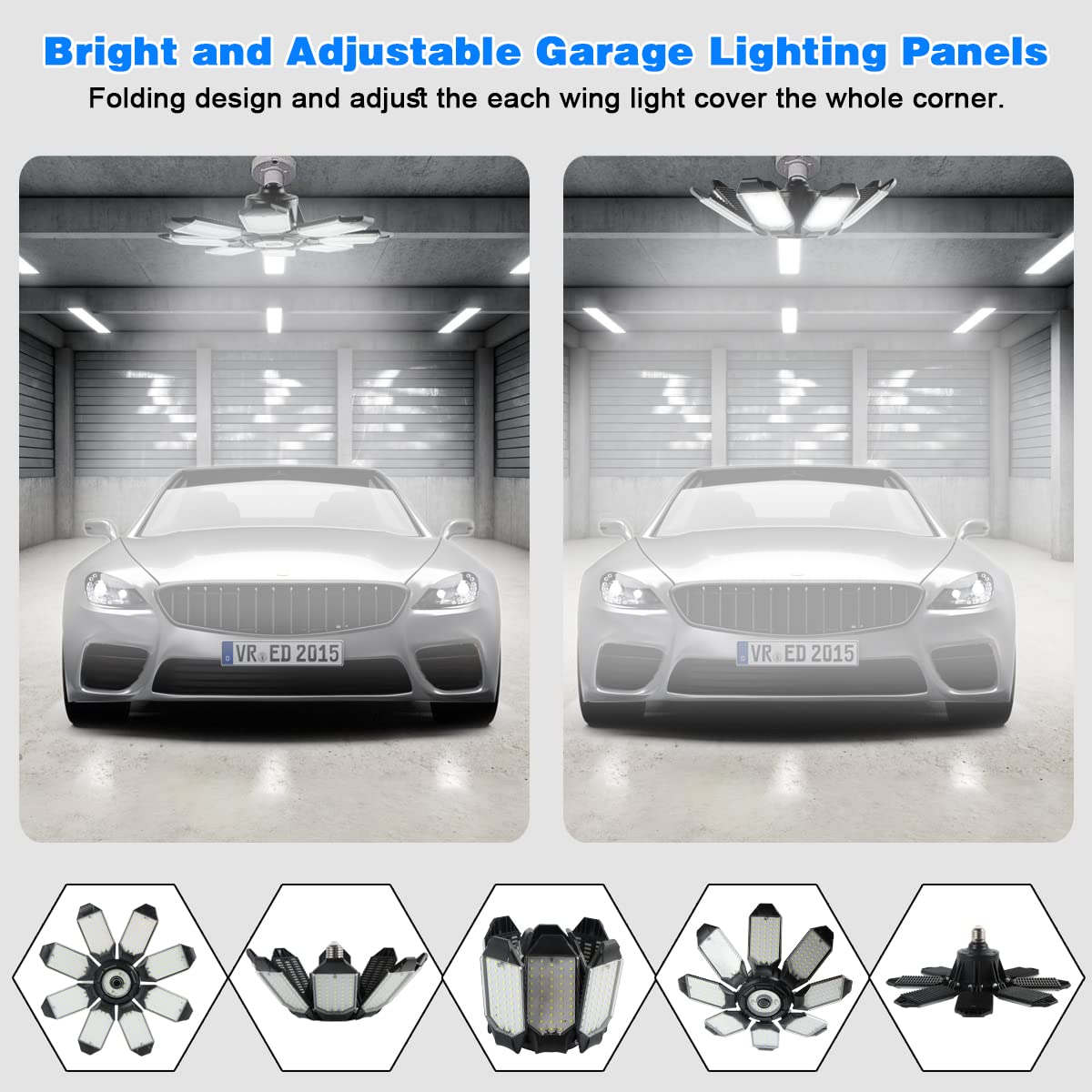 Polarpra Led Garage Light - 20000Lm Super Bright 6500K Garage Lights Ceiling Led W/ 8 Adjustable Panels Garage Shop Light Compatible For E26/E27 Socket Applicable For Workshop Barn Warehouse Attic