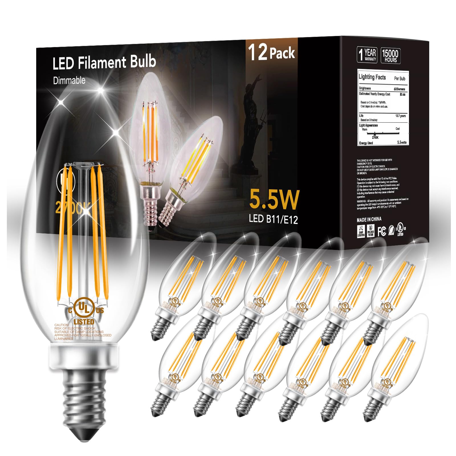 DAYBETTER Dimmable E12 Candelabra LED Light Bulbs, 5.5W 600 LM, 2700K Warm White, 12 Pack, Glass, Model QDS