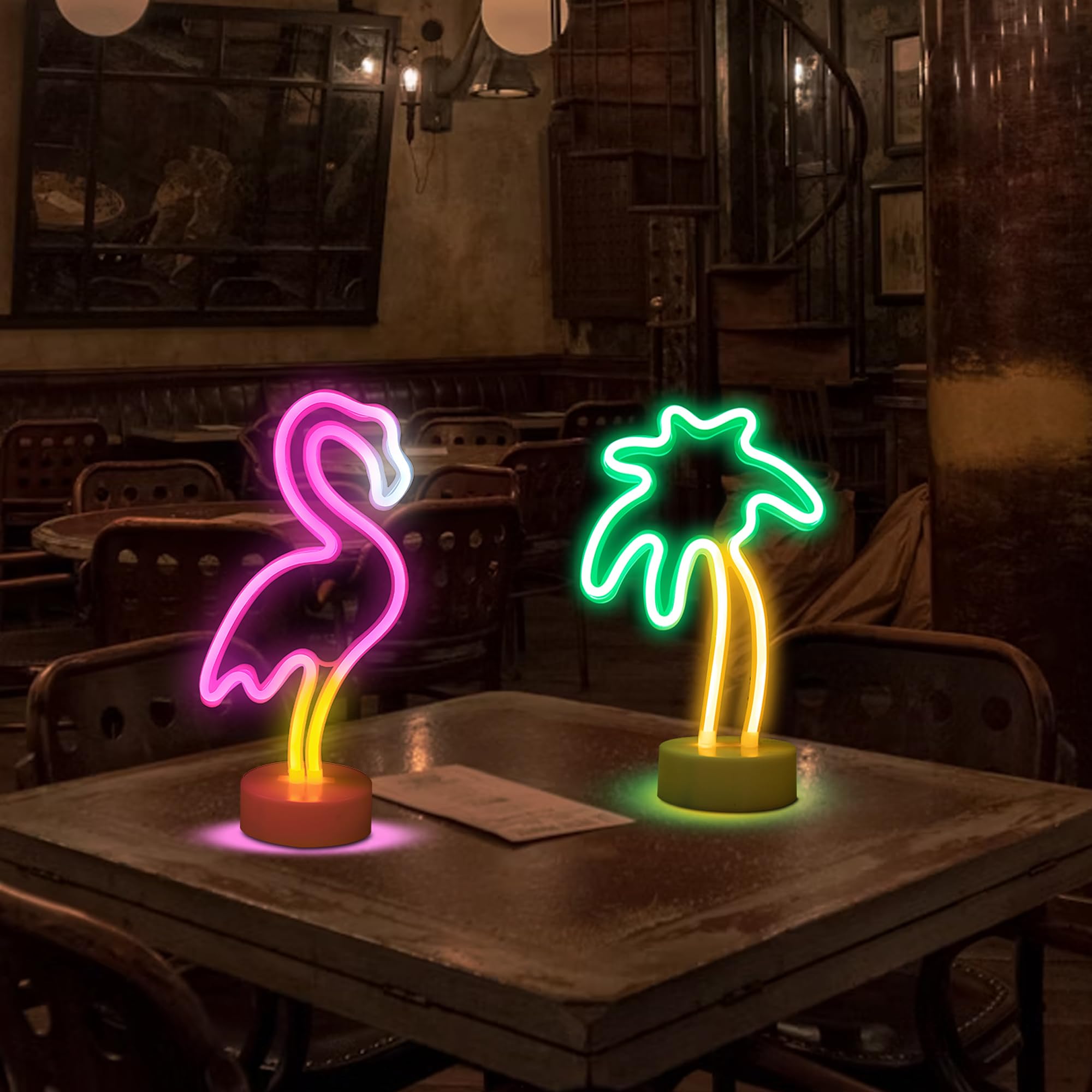Enuoli Led Flamingo And Coconut Palm Tree Neon Signs Led Battery/Usb Powered Neon Light With Holder Base Decoration Neon Light F