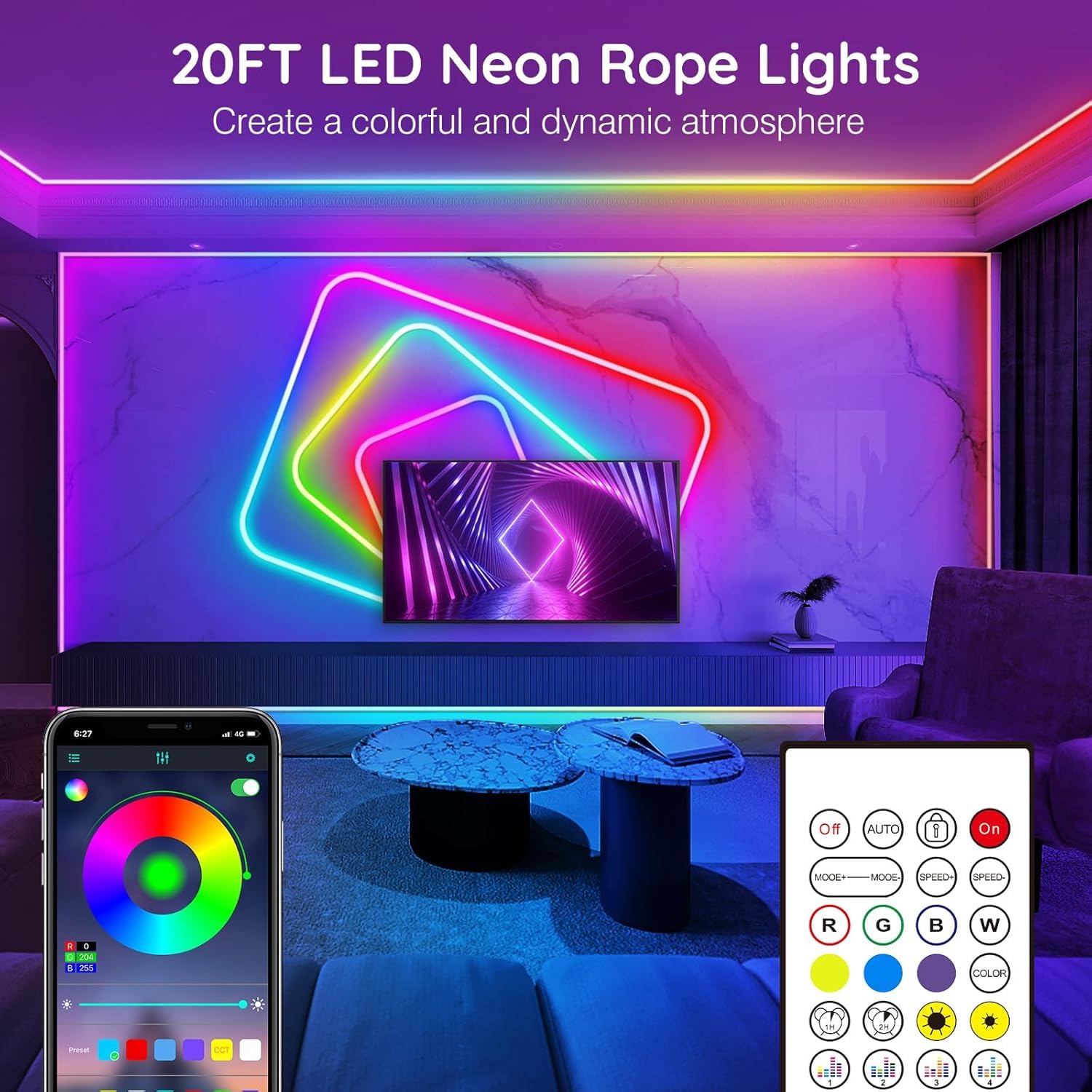NUERPO 20Ft Neon Rope Lights, IP65 Waterproof, App/Remote Control, RGB Music Sync, Flexible LED for Bedroom Decor