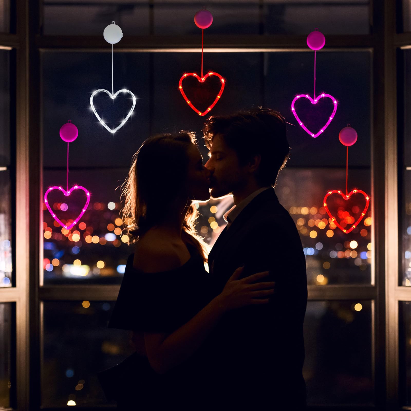 Baquler 5 Pcs Timed Heart LED Window Lights, Battery Operated, Red/Pink/White, Perfect for Valentine's Day, Wedding & Home Decor