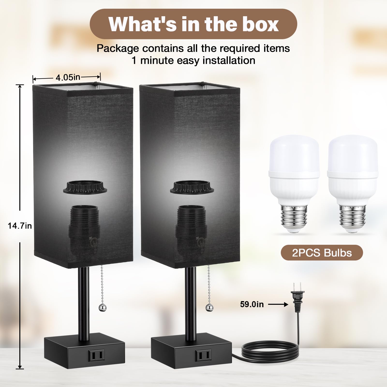 Fenmzee Black Table Lamps For Bedroom Set Of 2 - Nightstand Lamp With Ac Outlet Charging Port, 3 Color Temperatures Desk Light W