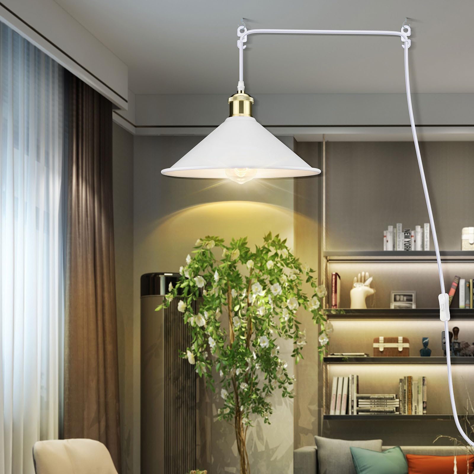 Lyoowng Industrial Plug-In Pendant Light With 13Ft Cord & On/Off Switch - Vintage White Fixture