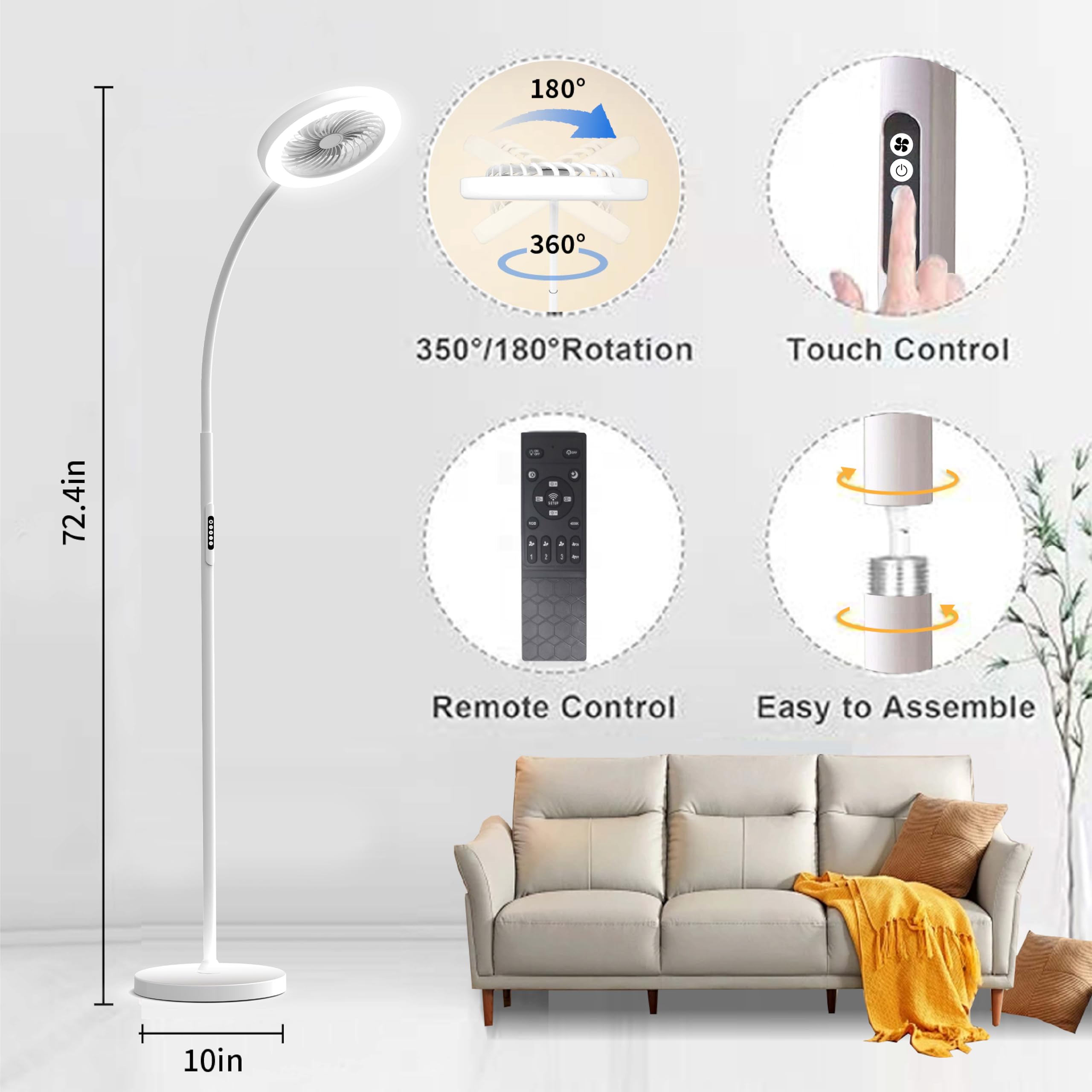 ONIDEK LED Floor Lamp with Fan & RGB Light, Adjustable 3000K-6000K, Remote Control, White, Model LDFS