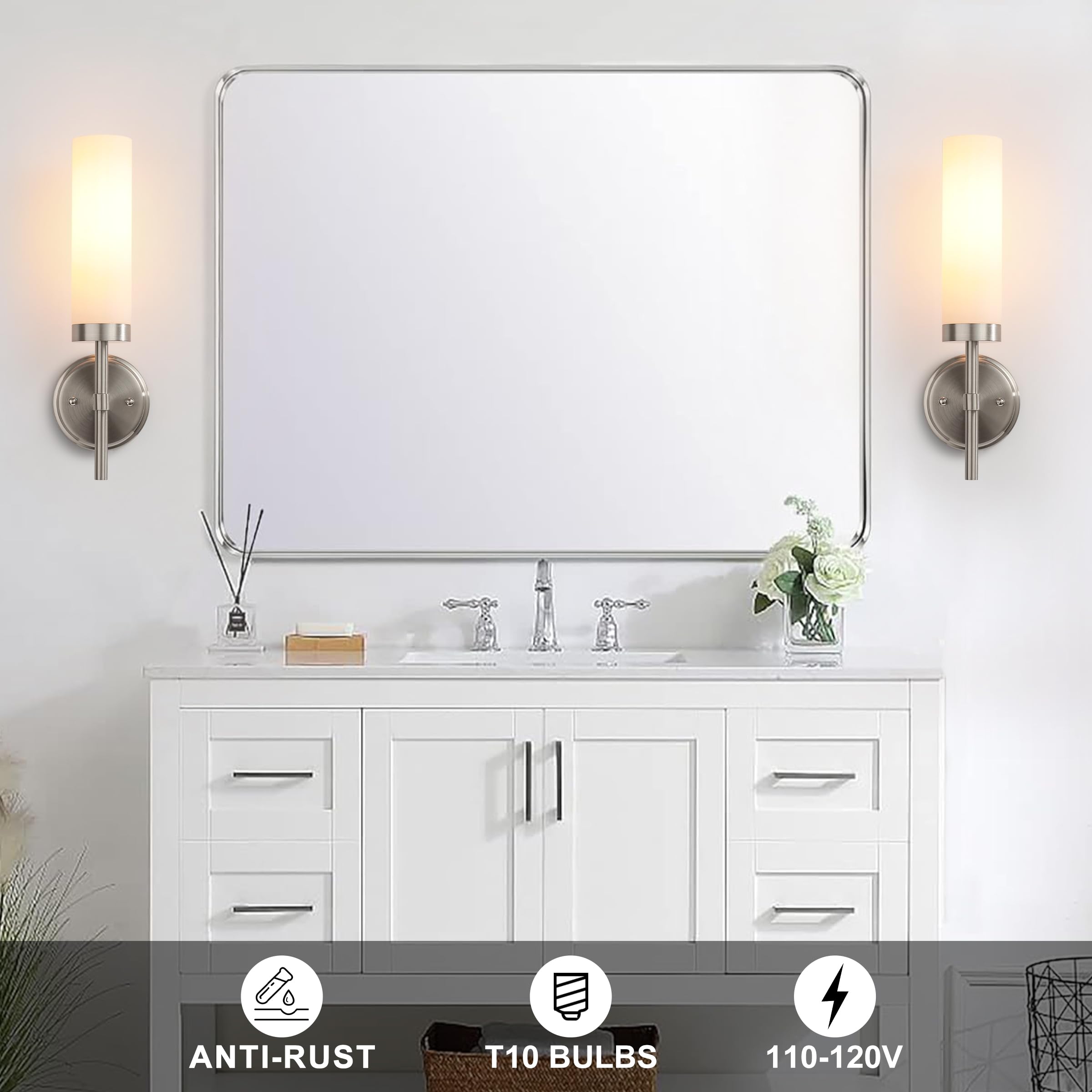 Wall Sconces Set Of Two Brushed Nickel Bathroom Sconces Wall Lighting With White Glass  Modern Sconces Wall Decor Set Of 2 Wall Light Fixtures For Bathroom Mirror Living Room Hallway Bedroom Wall Lamp