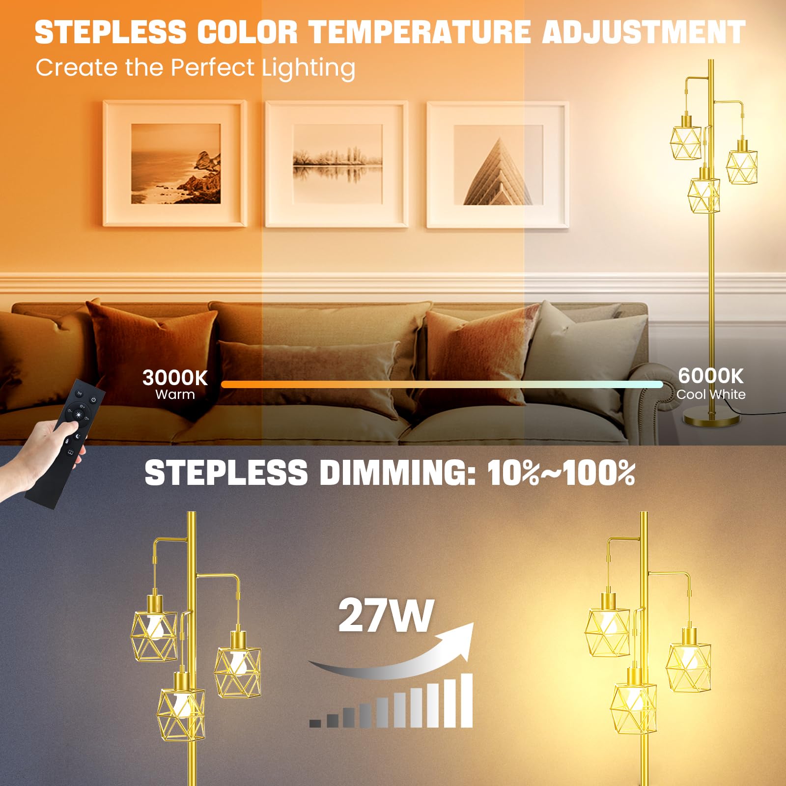 Dimmable Industrial Floor Lamp - 3  9W/800Lm Bulbs Included And 4 Working Modes Led Gold Floor Lamp, Bright Tree Floor Lamps Tal
