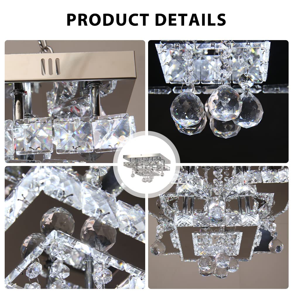 CXGLEAMING 11.8" Modern Crystal LED Chandelier, Dimmable Square Fixture, Stainless Steel & K9 Crystals, 4 Petals Design
