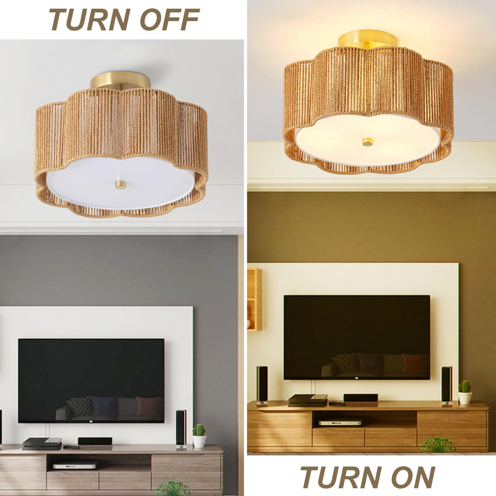 Giutna Rattan Ceiling Light Fixture, 3-Light Flush Mount, Modern Design, 13.4" Yellow Chandelier for Bedroom, Hallway, Kitchen