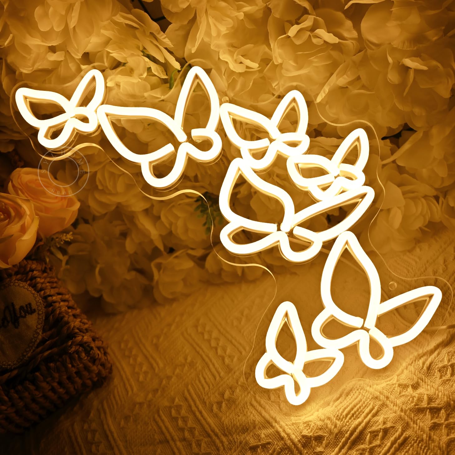 SYLHOME Butterfly LED Neon Light Sign - Warm White Acrylic - 16.5in X 8.9in - Ideal for Kids Bedroom, Living Room, Wedding, and Parties