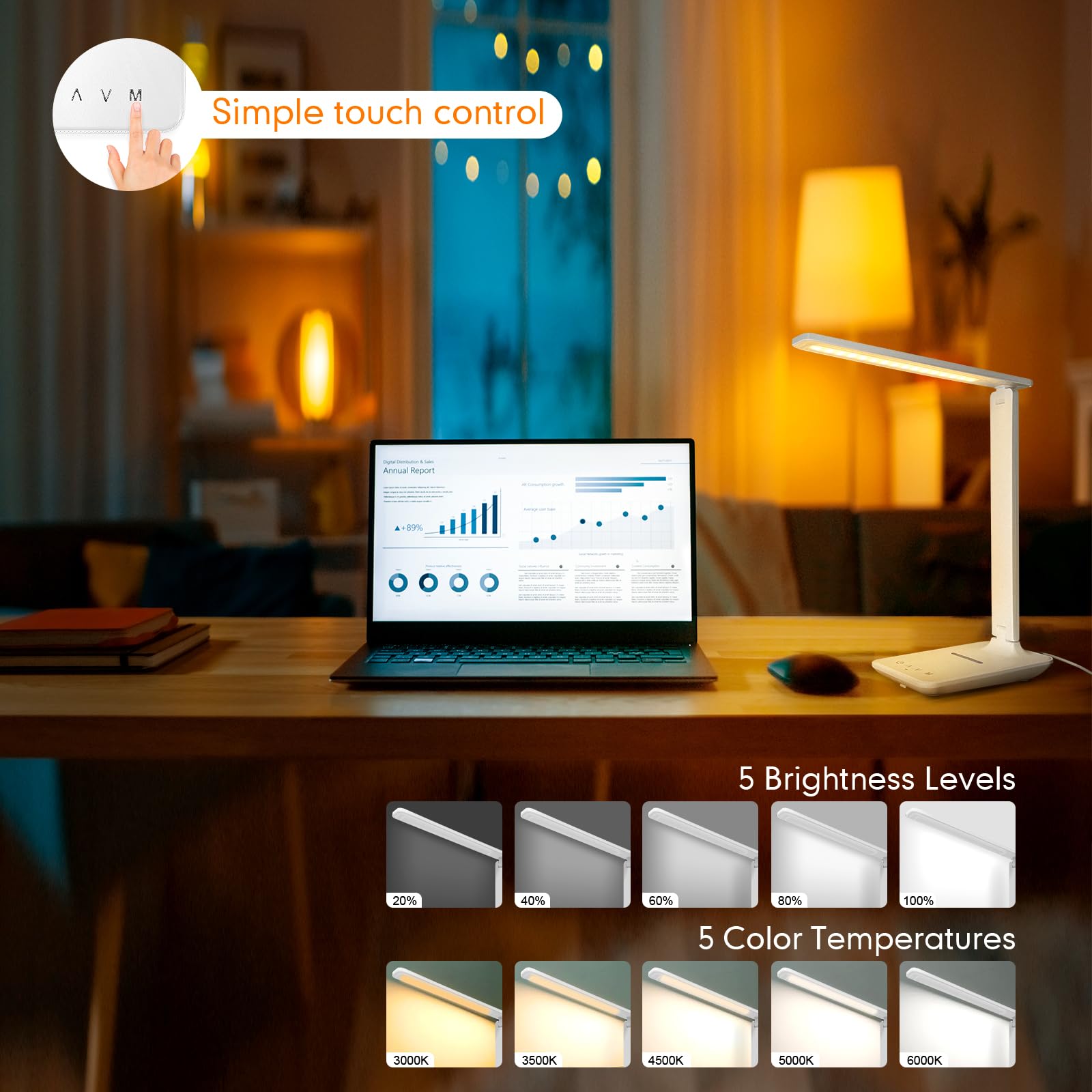 White Crown Led Desk Lamp With 15W Wireless Charger & Usb Port, Dimmable Table Lamp With 5 Lighting Modes, Sensitive Touch Contr