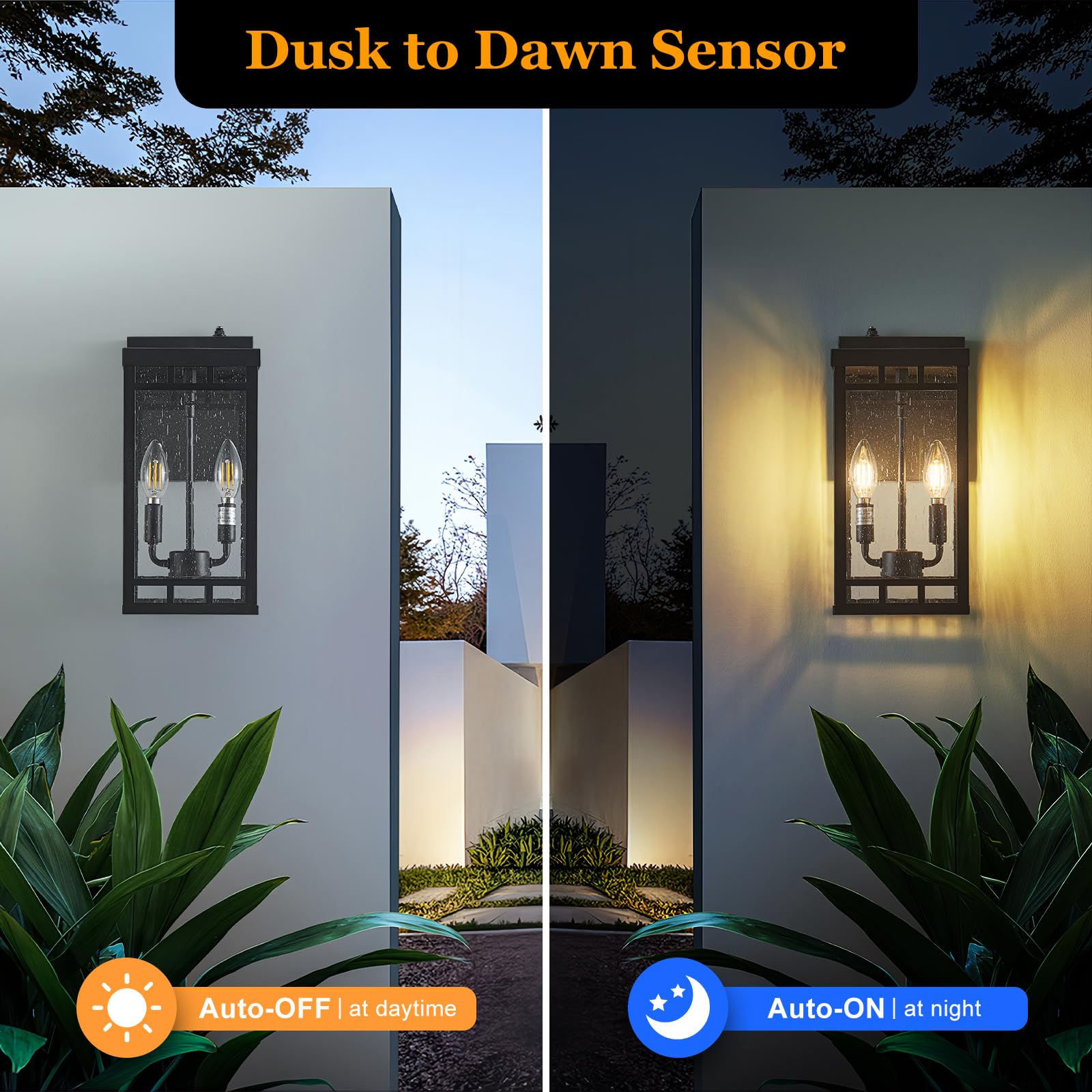 2-Light Large Size Porch Light With Dusk To Dawn Sensor For Outdoor, Waterproof Outdoor Light Fixture With Bubble Glass, Porch L
