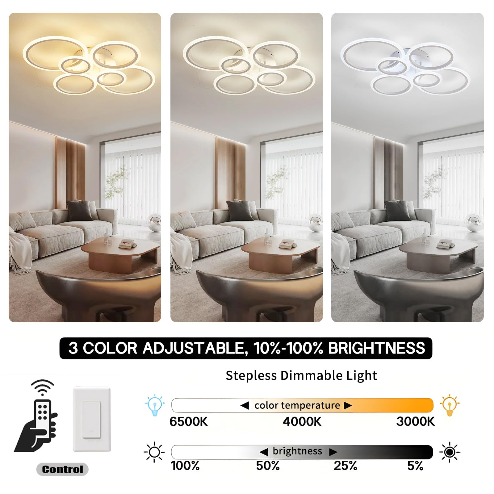 Cyaruy Modern Led Semi-Flush Mount Ceiling Light, Remote-Controlled 3000K-6500K Dimmable, 6-Rings White Round Chandelier Ceiling