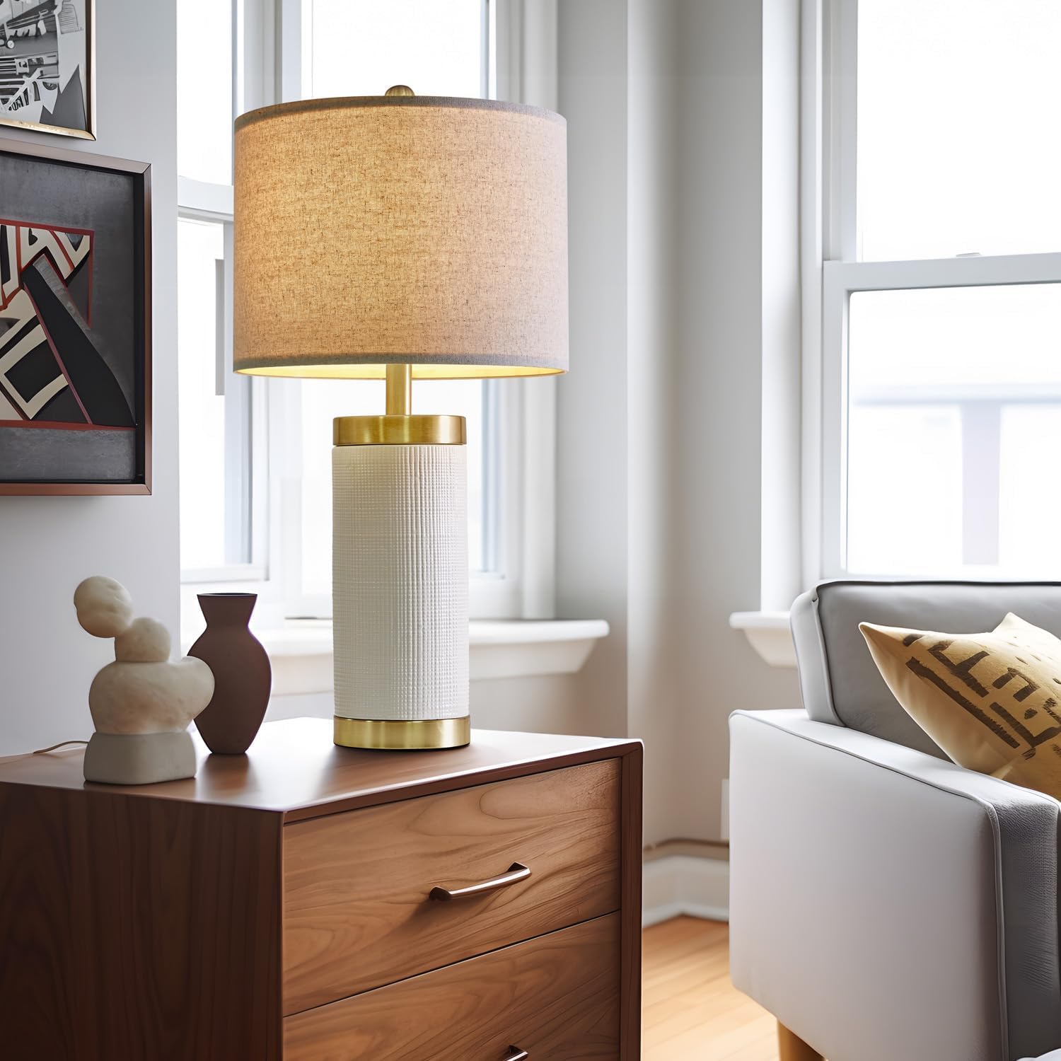 Usumkky 24.5" Modern Ceramic White Single Bedside Lamp For Bedroom Decor Farmhouse Table Lamp For Living Room Office Dorm