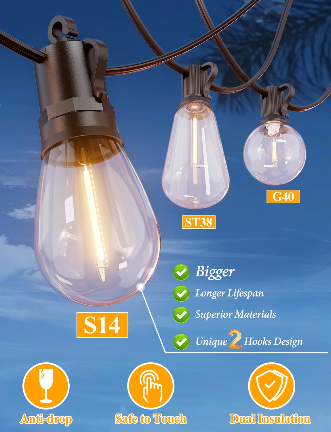 Brightever Led Outdoor String Lights 36Ft, Patio Lights Outdoor Waterproof With 13 Shatterproof S14 Vintage Edison Bulbs(1 Spare