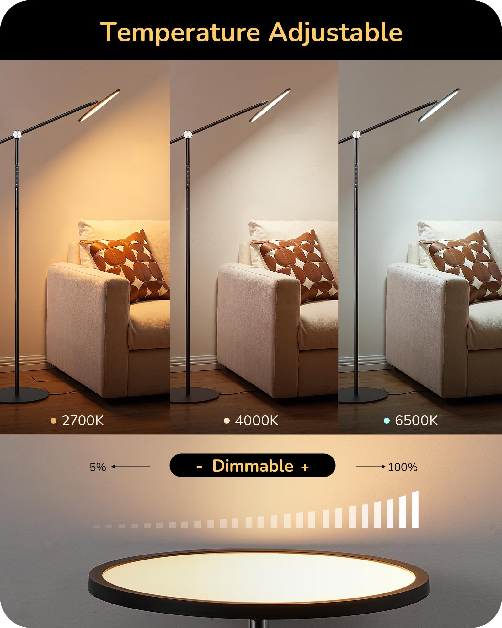 EDISHINE LED Floor Lamp, 1600LM Dimmable, Type-C Port, Rotating Arm, Modern Minimalist, Black, Model HFLAA2A