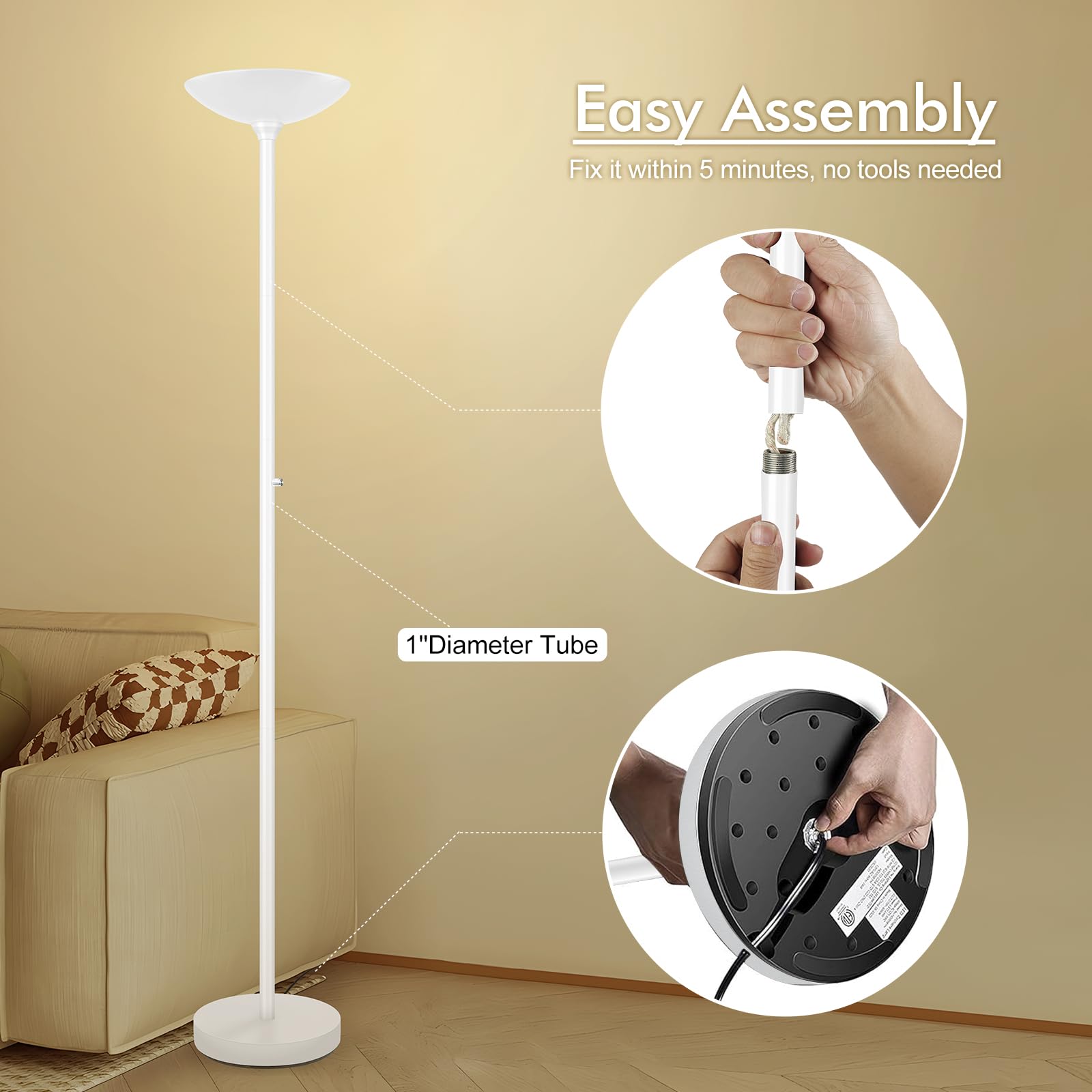 Auquee 30W Torchiere Floor Lamp, 3600Lm Bright Led, Dimmable, 71&quot; Metal Standing