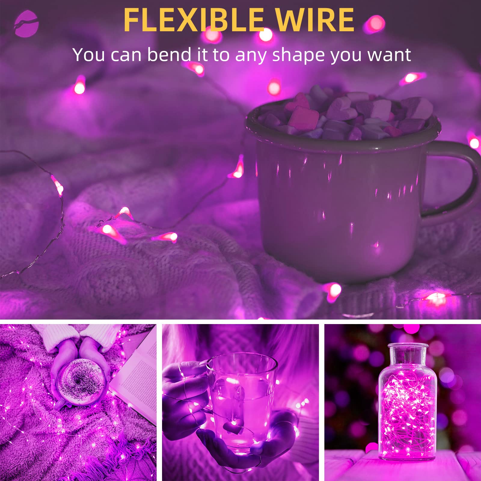 Lamphome 20 Pack Fairy Lights Battery Operated String Lights, 20 Led On 6.6Ft Silvery Copper Wire, Firefly Fairy String Lights For Wedding Party Mason Jar Christmas Decorations Bedroom Decor(Pink)