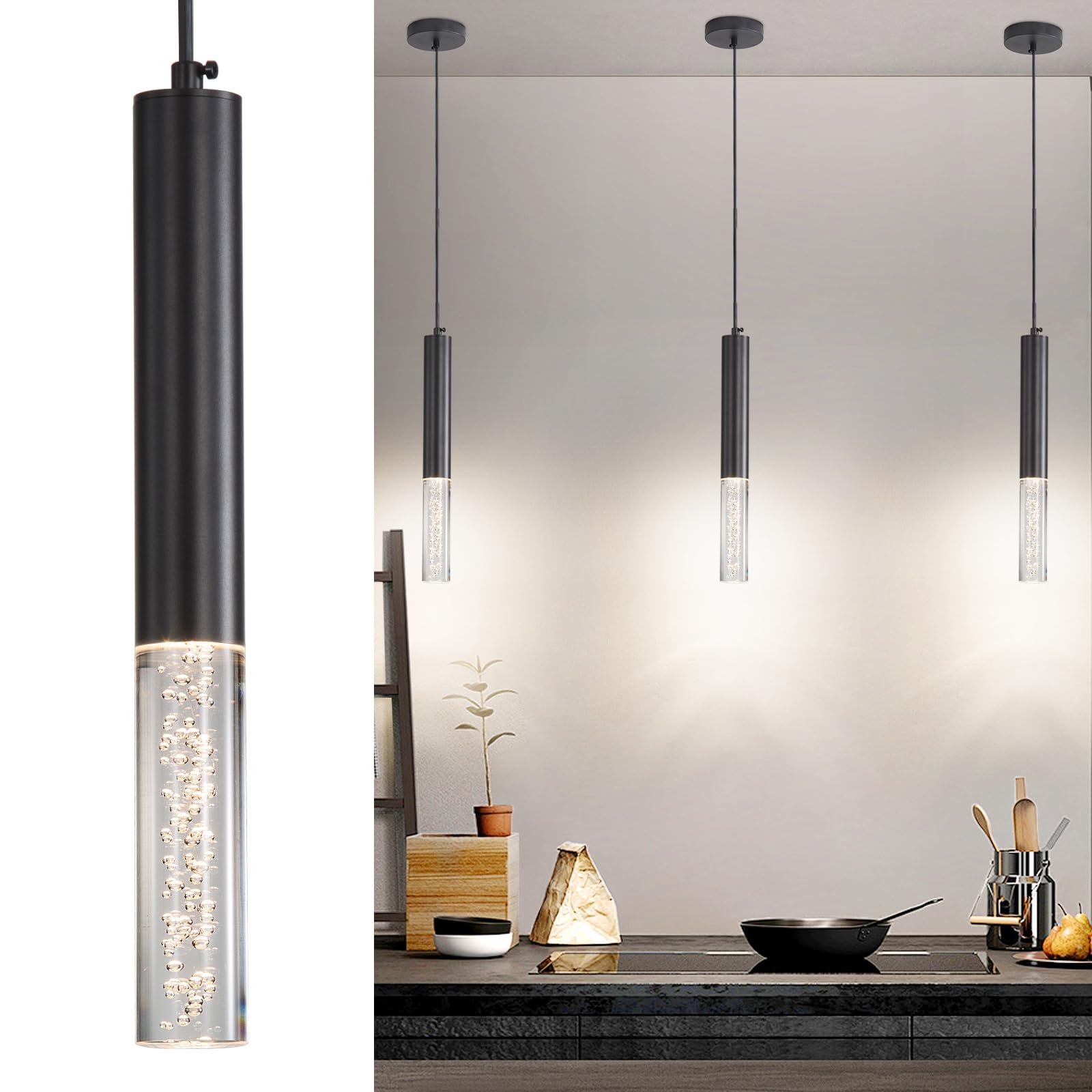 Daoseolo 3 Pack Pendant Lights Kitchen Island  Led Bubble Acrylic Island Lighting Fixtures  3 Color 3000K/4500K/6500K  Modern Cylinder Ceiling Hanging Light For Bedroom  Bar  Dining Room  Bathroom