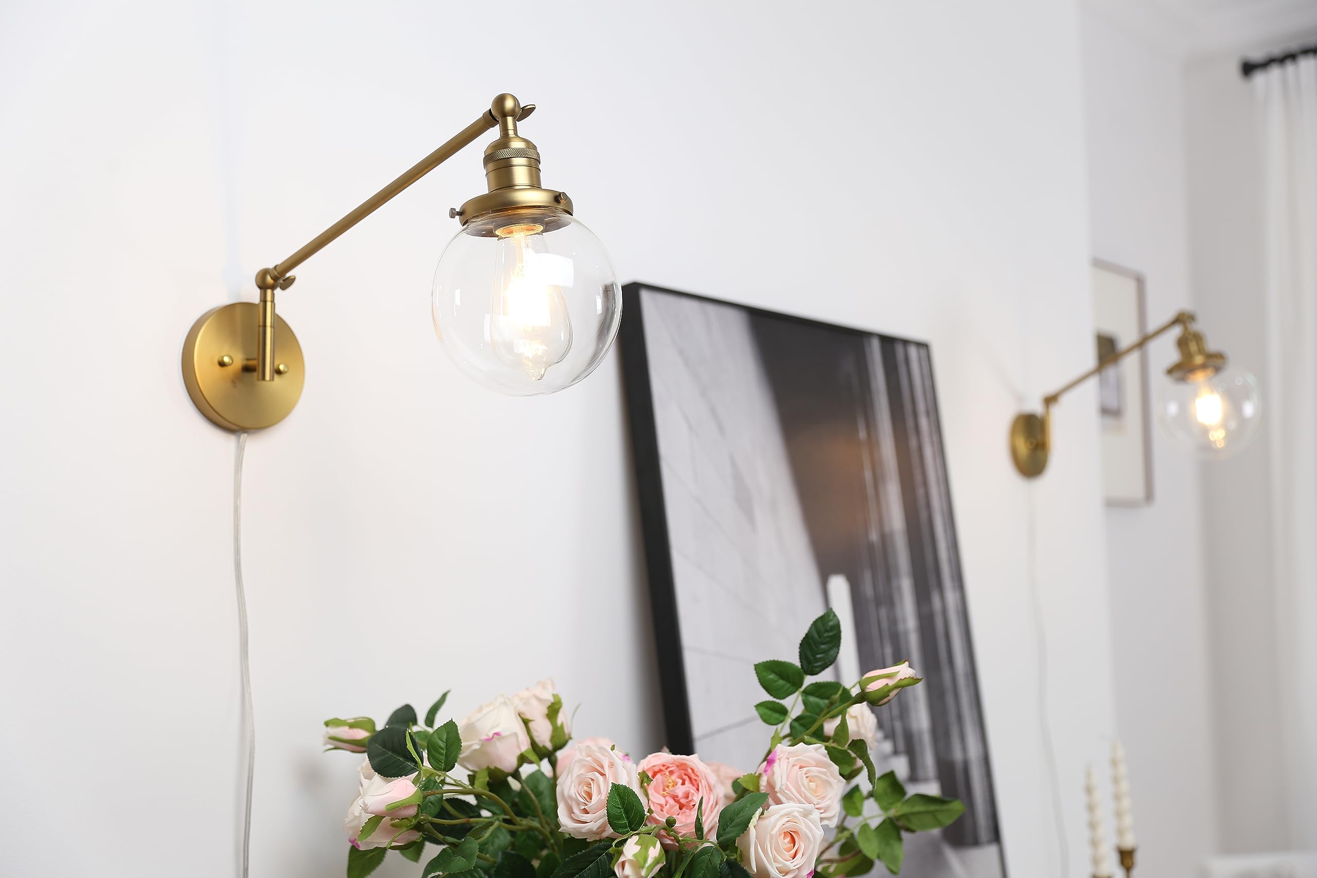 Permo Plug In Wall Sconce Swing Arm Wall Lamp Industrial Sconce With 5.9 Glass Globe Shade For Bedroom, Living Room, Office (Ant