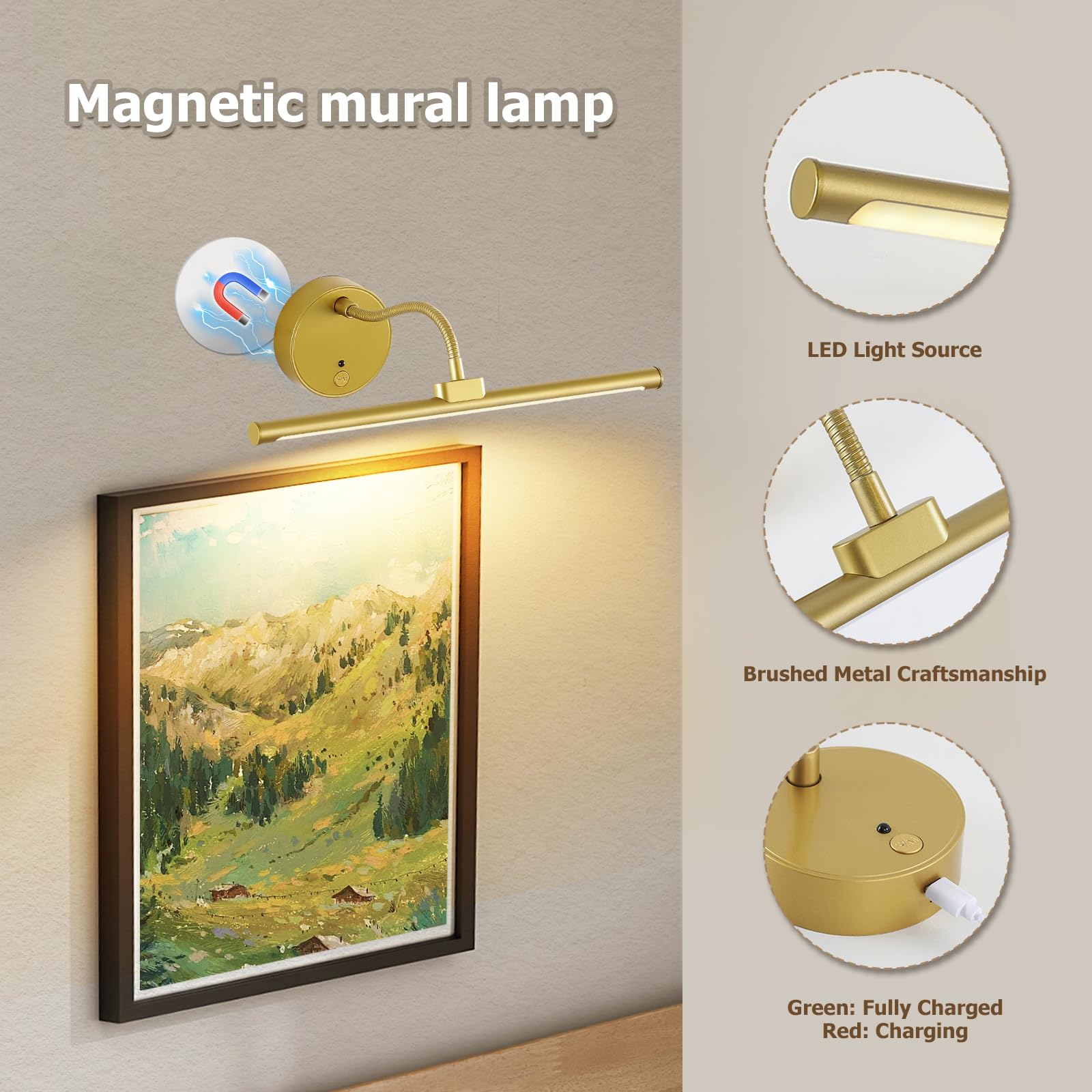 Picture Lights For Wall - Wireless Rechargeable Led Light With Remote  Adjustable Arm  Gold Battery Operated Display Lighting For discomfort-reducingtings  Bedroom  Gallery Wall D?Cor (Gold  12.6 Inch - 1Pack)