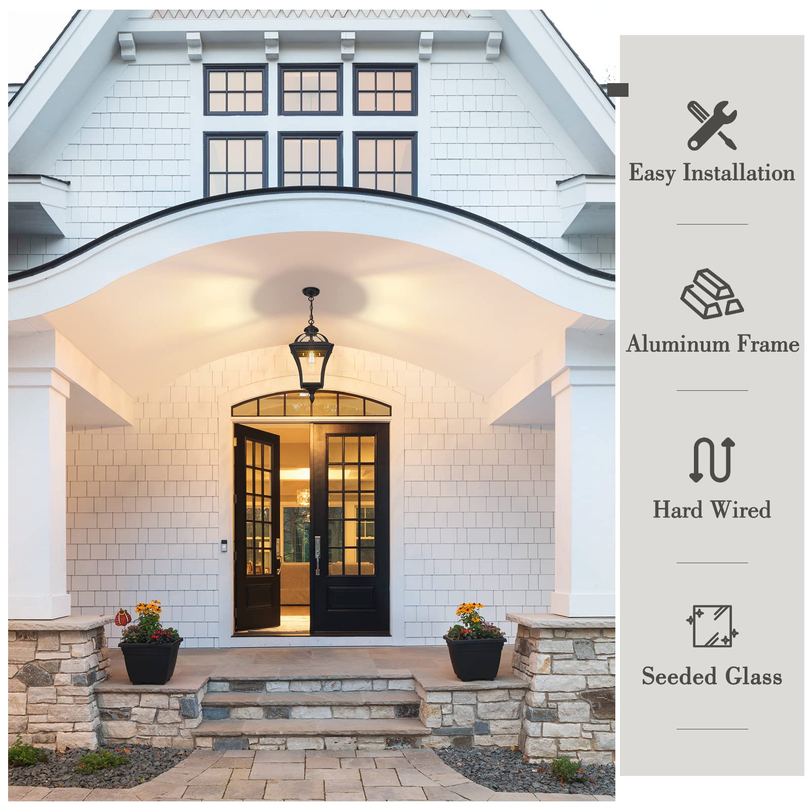 Emliviar Farmhouse Outdoor Pendant Light, 21" Black Hanging Lantern with Seeded Glass for Porch, Model XE266