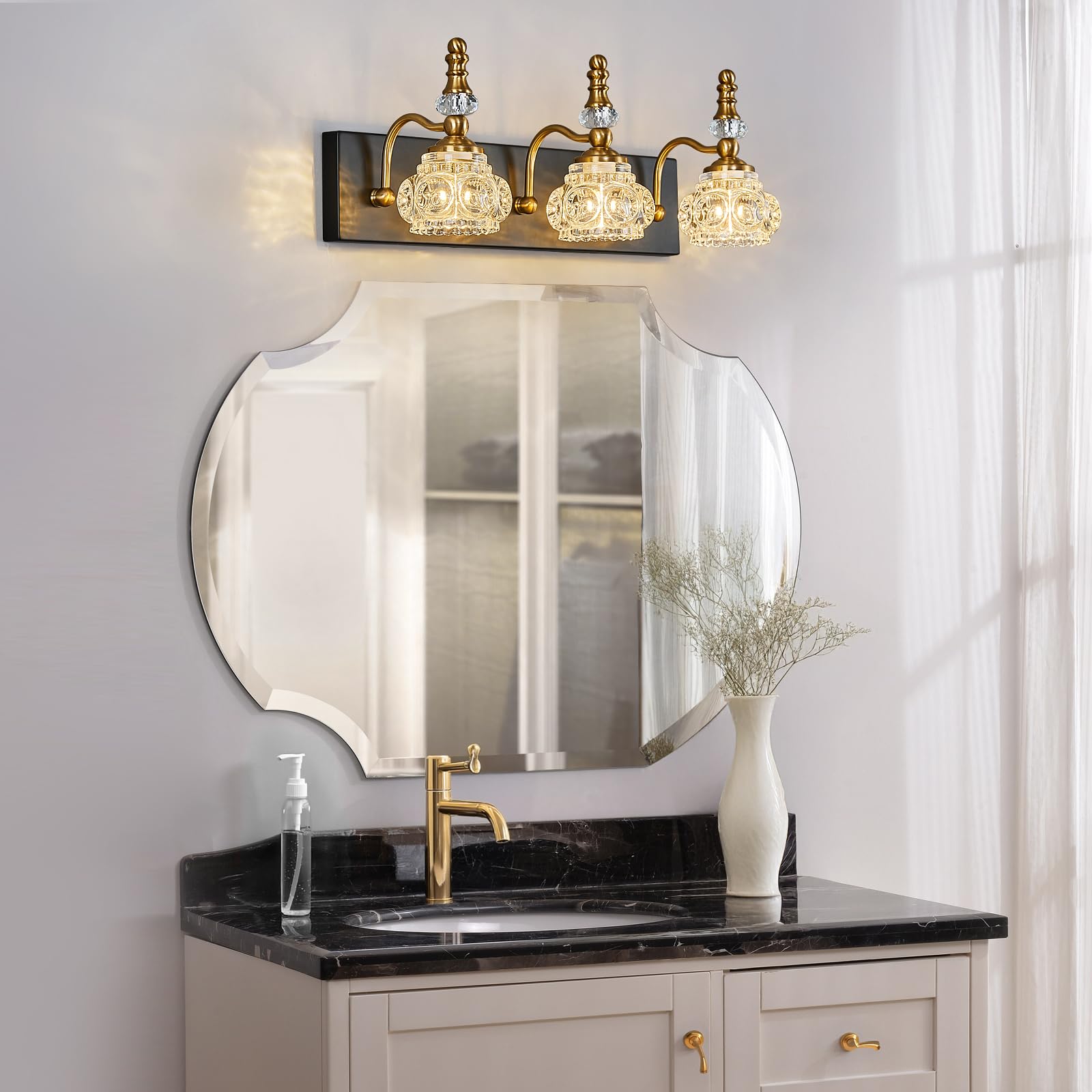 LBSQJ Modern Glass Crystal Bathroom Light Fixtures, 3-Light Vanity Light, Black Gold, Model 493