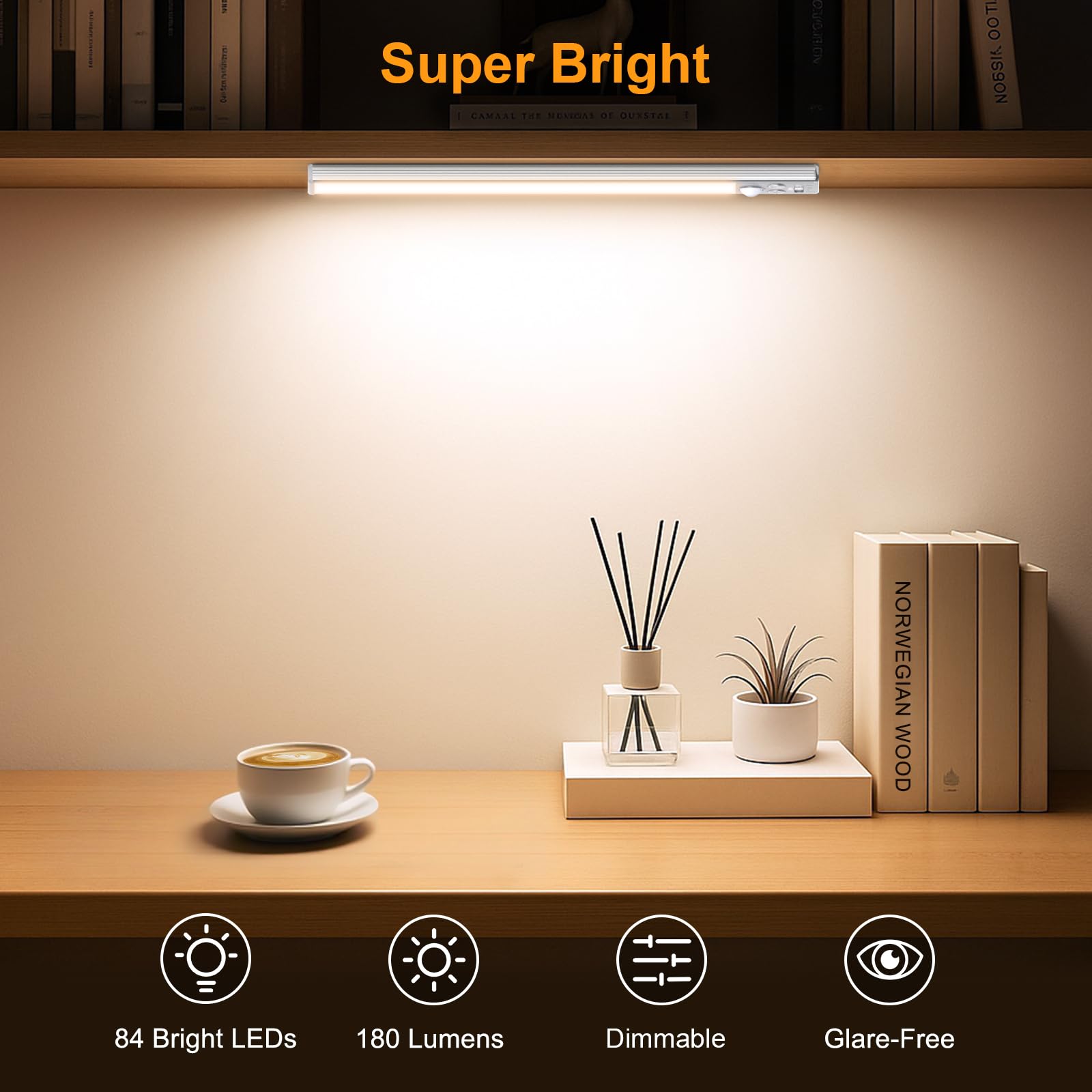 Gritin 10.2" Under Cabinet Lighting - Rechargeable, 84 LEDs, 3 Colors, Motion Sensor, Aluminum, Silver - Model G1358, 2 Pack