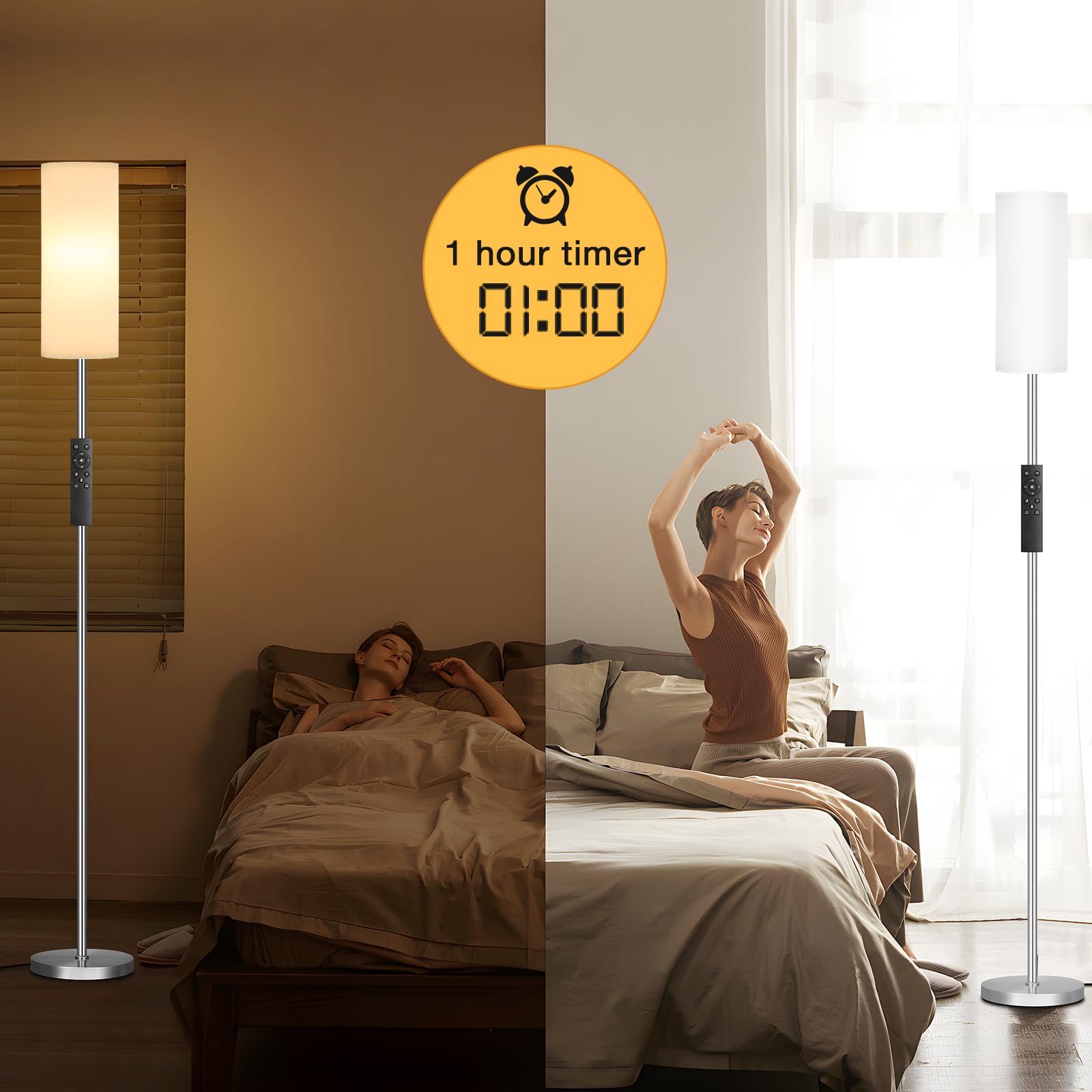 Ambimall 64'' Floor Lamps For Living Room With Remote Control And Stepless Dimmable Colors Temperature & Brightness, 9W Bulb Included(White Lampshade & Silver Pole)