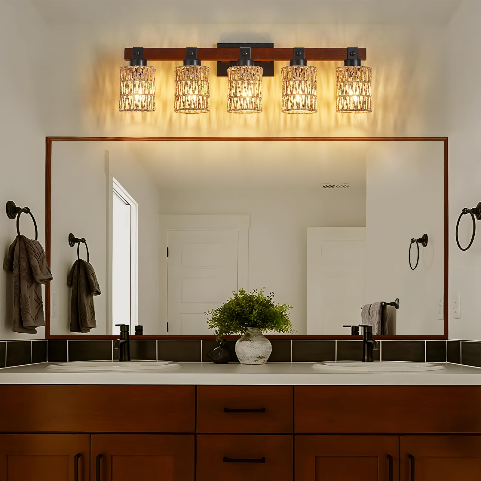 Aixialin 5-Light Farmhouse Bathroom Vanity Light Fixtures, Rustic Style Farmhouse Wood Bathroom Wall Sconce, Handmade Bamboo Wov