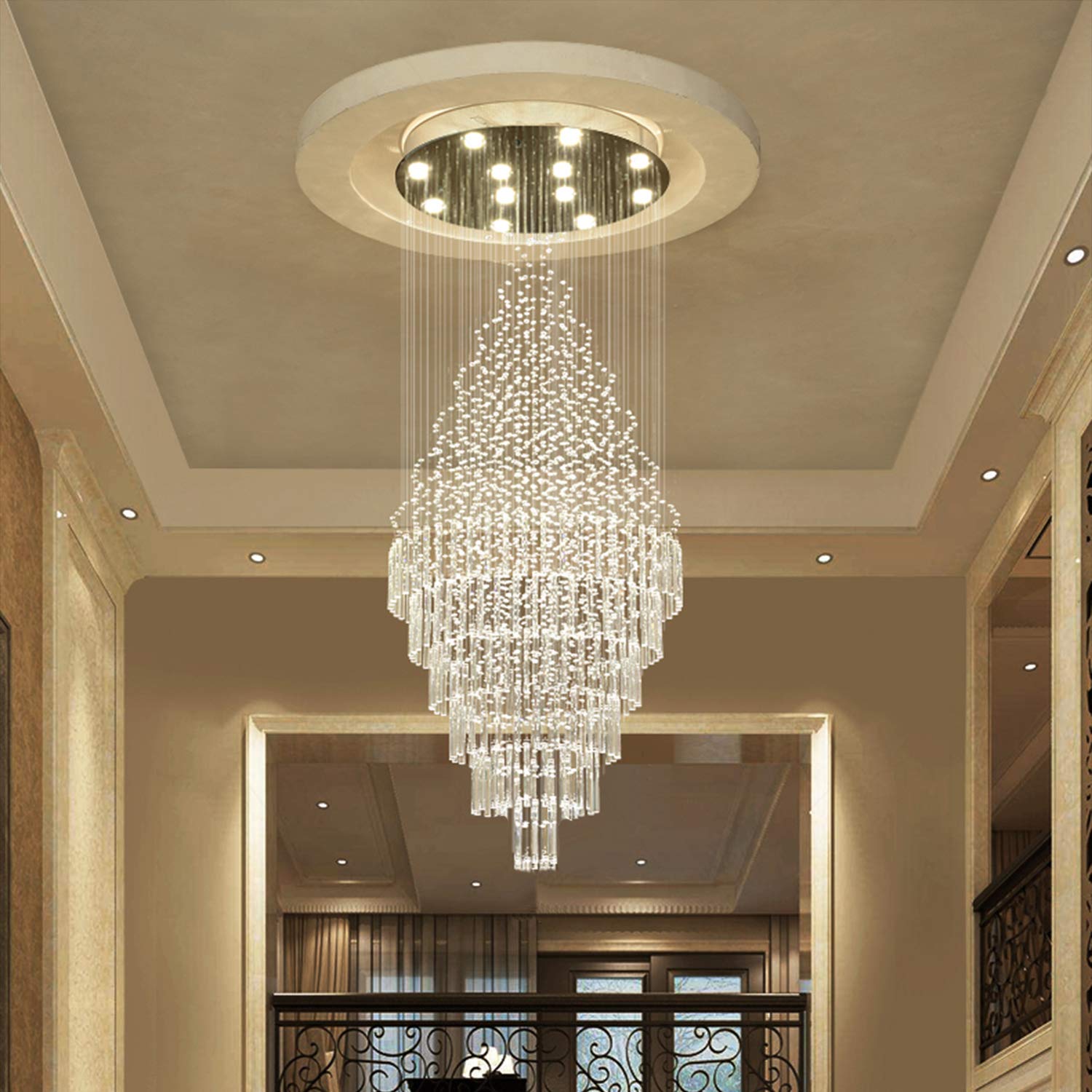 CRYSTOP Luxury 12-Lights Round Crystal Chandelier, High Ceiling Flush Mount, D31.5" x H86.7", Silver Finish for Hallway and Entryway