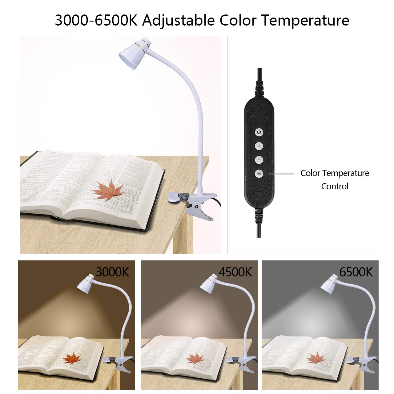 CeSunlight LED Clip Desk Lamp - Adjustable 3000K-6500K, Milky White, Model A9-WHITE-US, Strong Clamp for Bed Reading