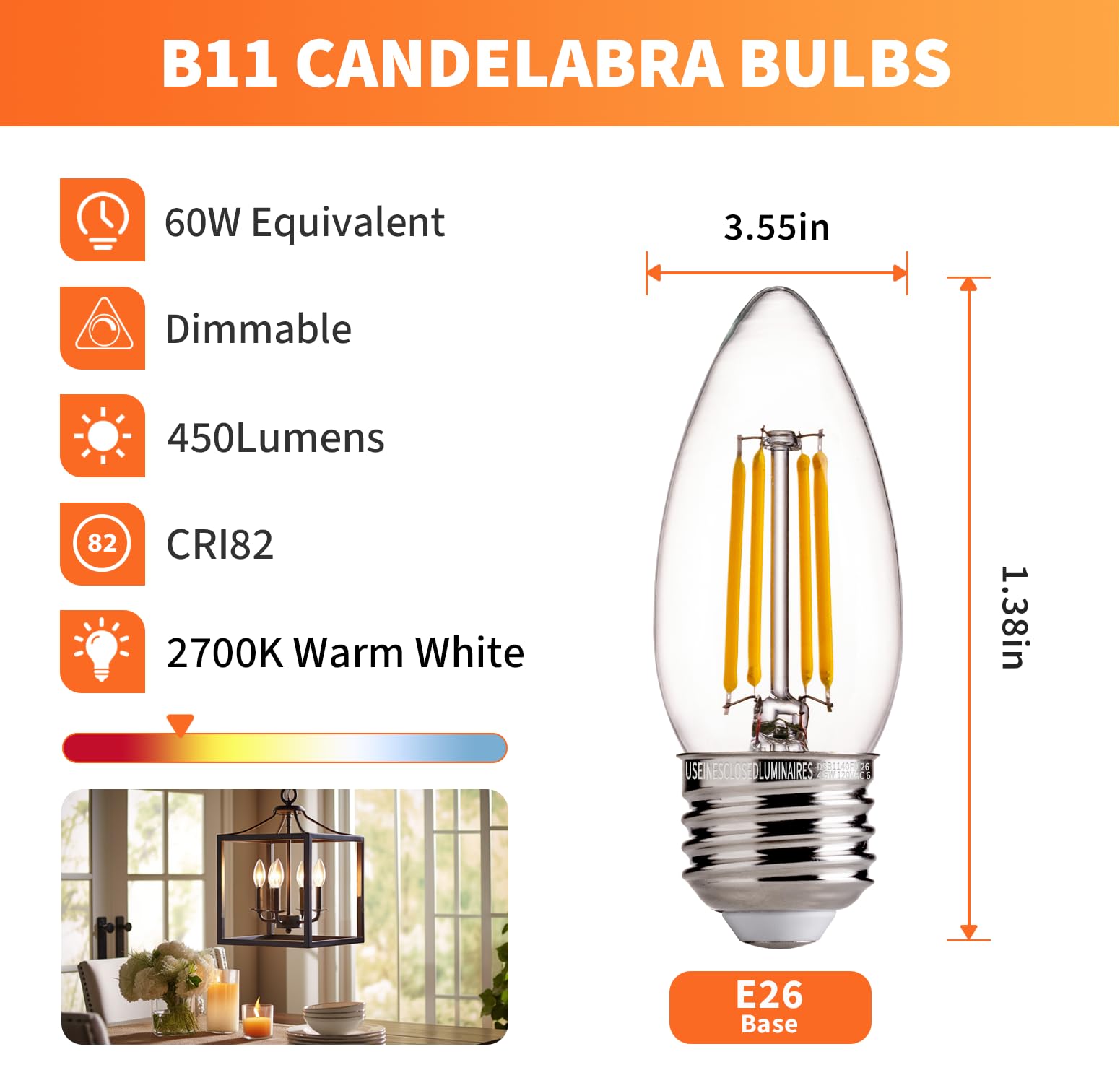 Alampever 60W Dimmable B11 Led Candelabra Light Bulbs, 2700K Soft White,