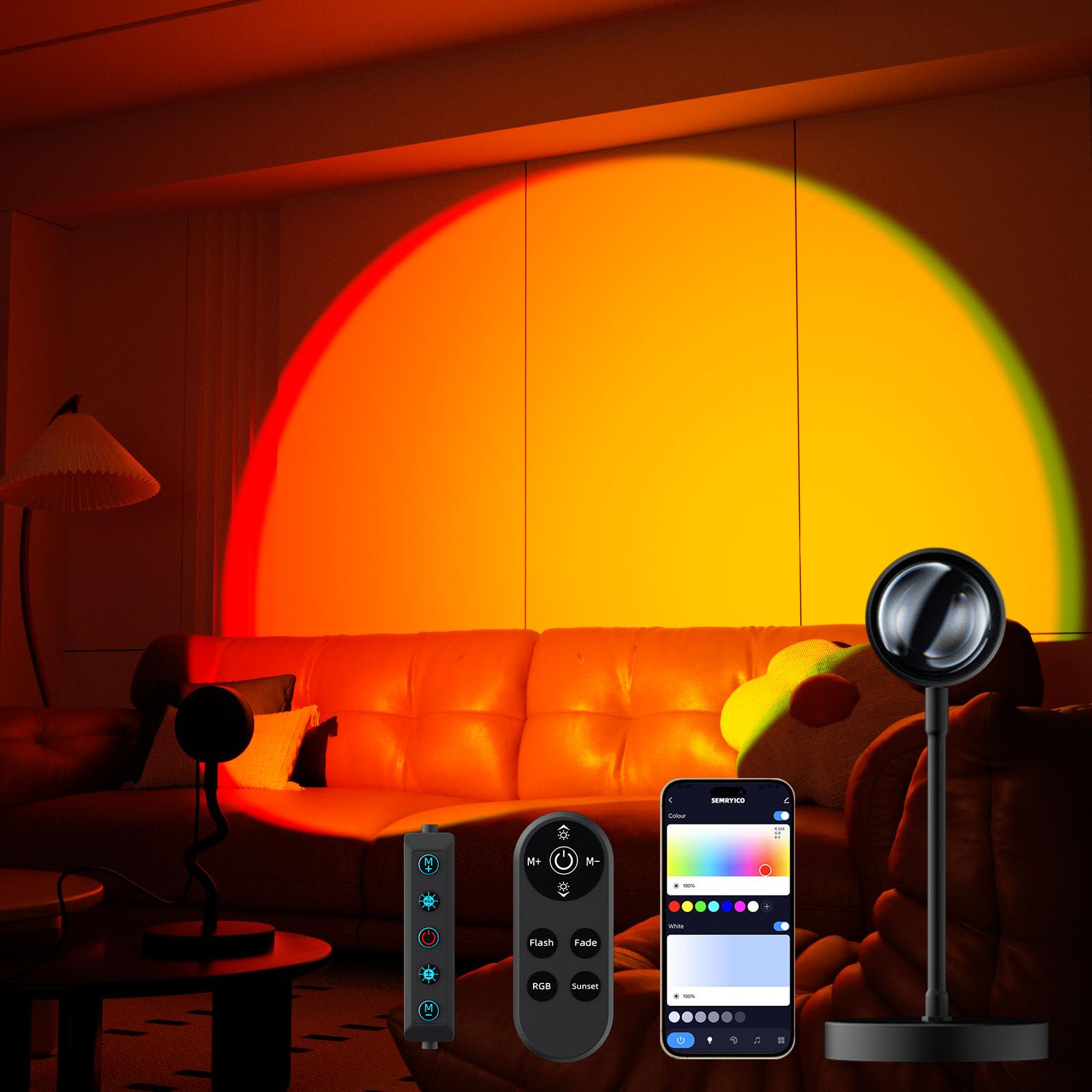 SEMRYICO Sunset Lamp Projector, APP & Remote Control, Multicolor LED, 360° Rotation, Aluminum, Model R502