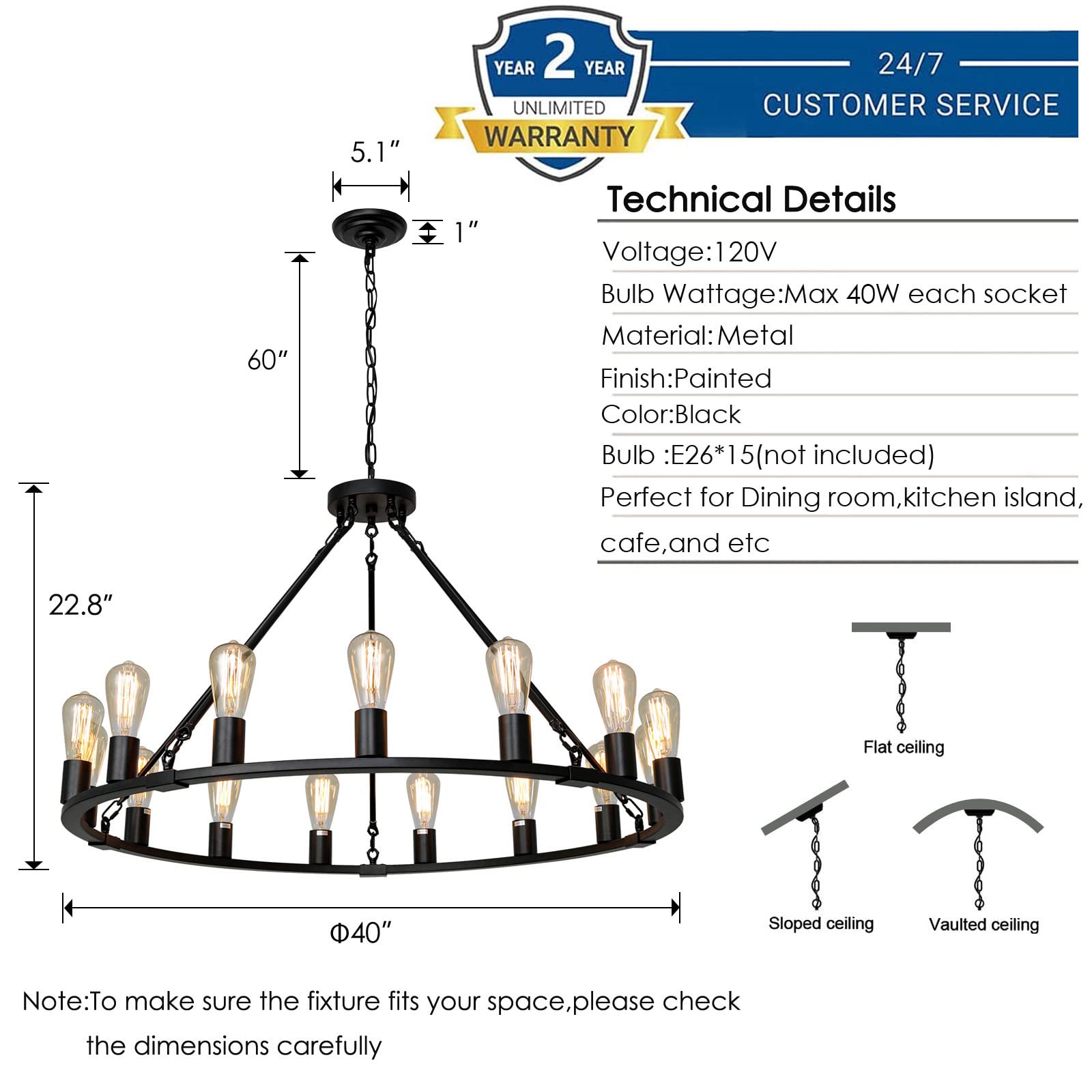 Senyshilon 15-Light Black Wagon Wheel Chandelier For Dining Room, 40'' Industrial Light Fixture